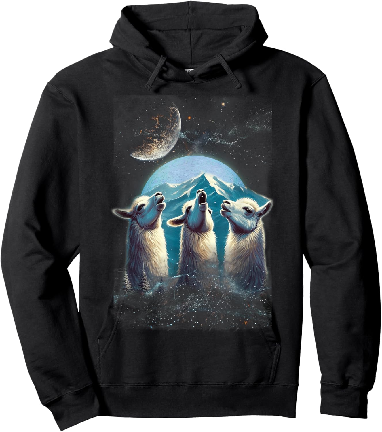 Three Llamas Howling At The Moon Funny Parody Llama Hoodie - Hoodie | Black