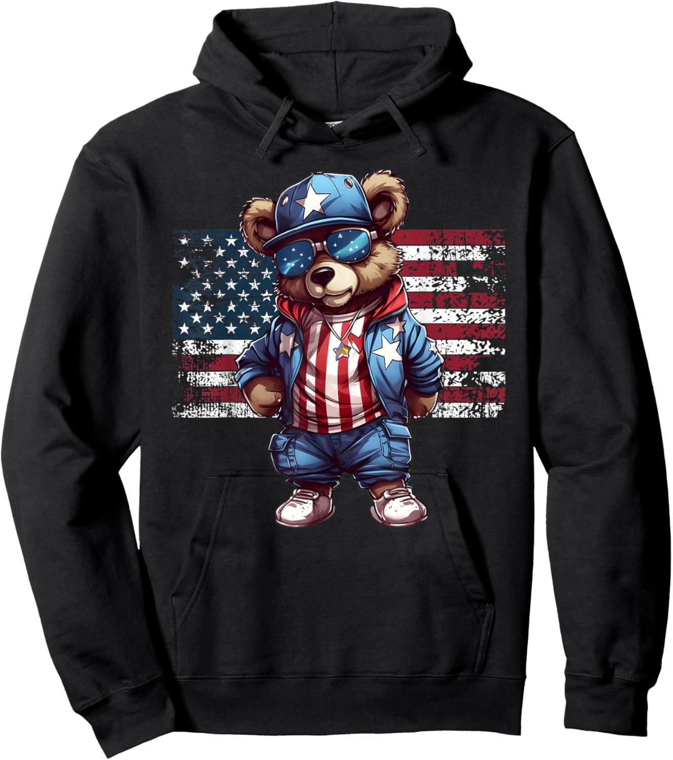 4th of July Hip Hop Teddy Bear USA Streetwear American Flag Hoodie - Hoodie | Black