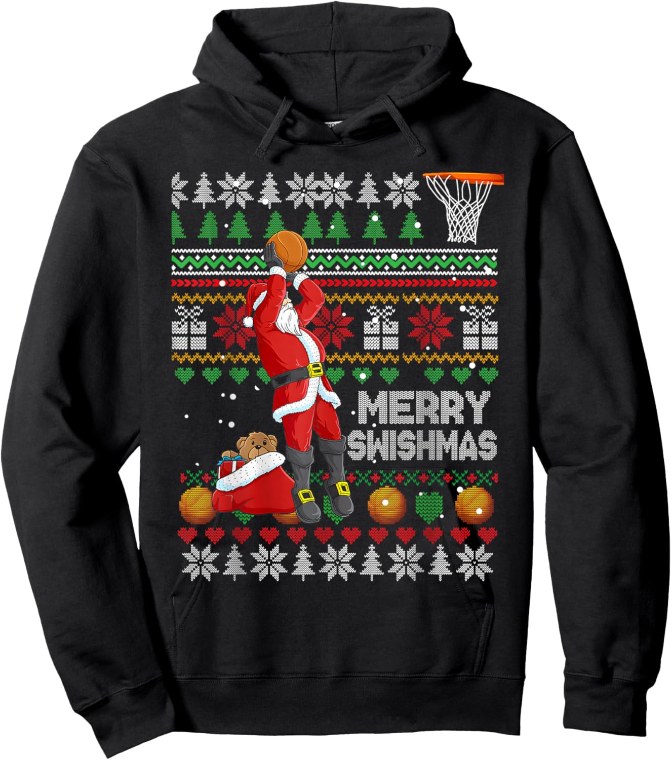 Funny Merry Swishmas Christmas Santa Playing Basketball Kids Hoodie - Hoodie | Black