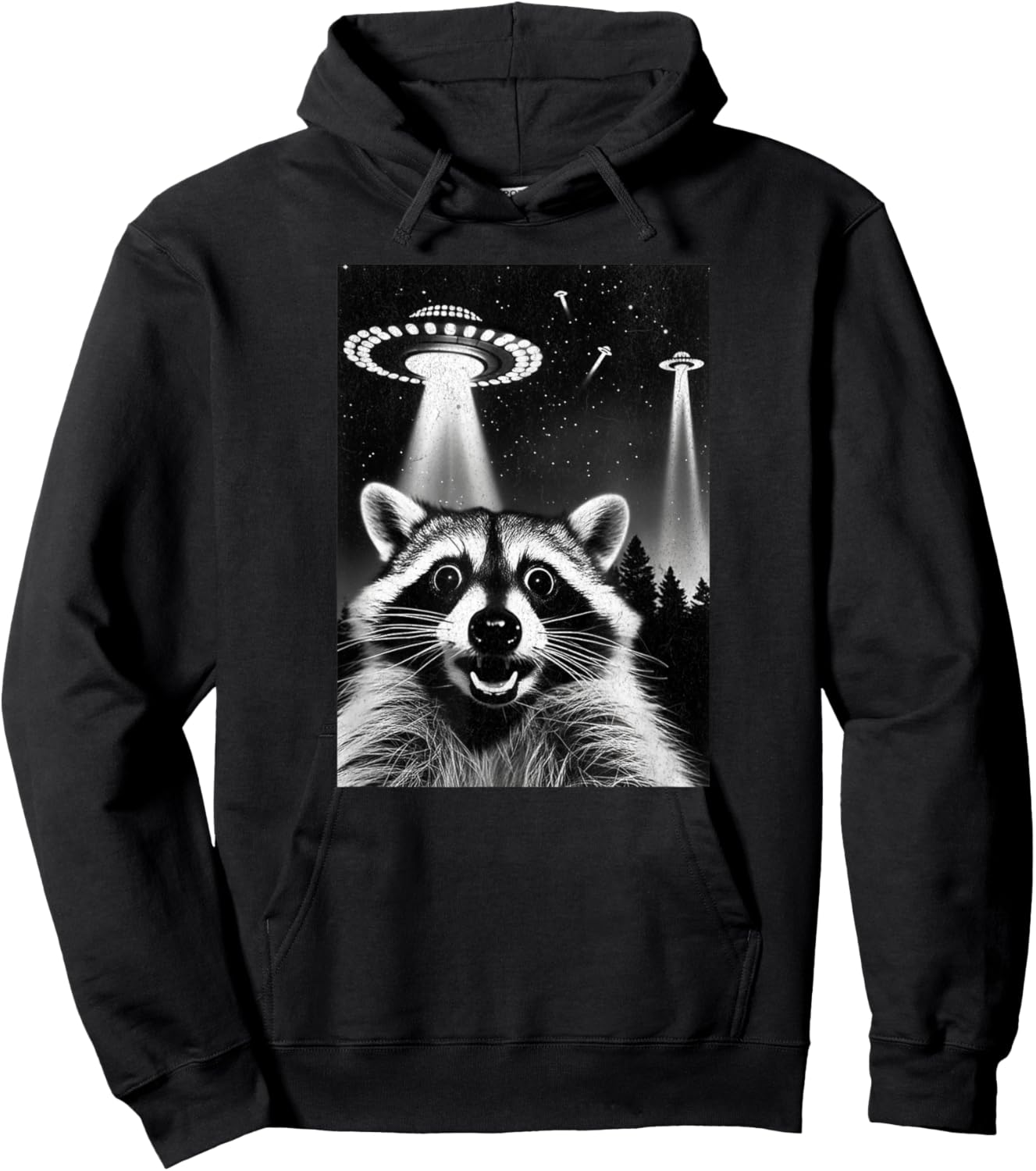 Raccoon UFO | Funny Invasion Meme Alien Raccoon UFO Selfie Hoodie - Hoodie | Black