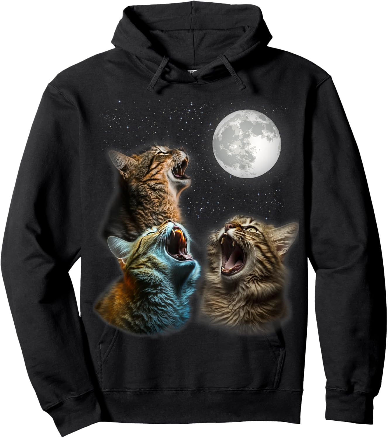 Funny Cat Moon Three Cats Meowling At Moon - Cats Howling Hoodie - Hoodie | Black