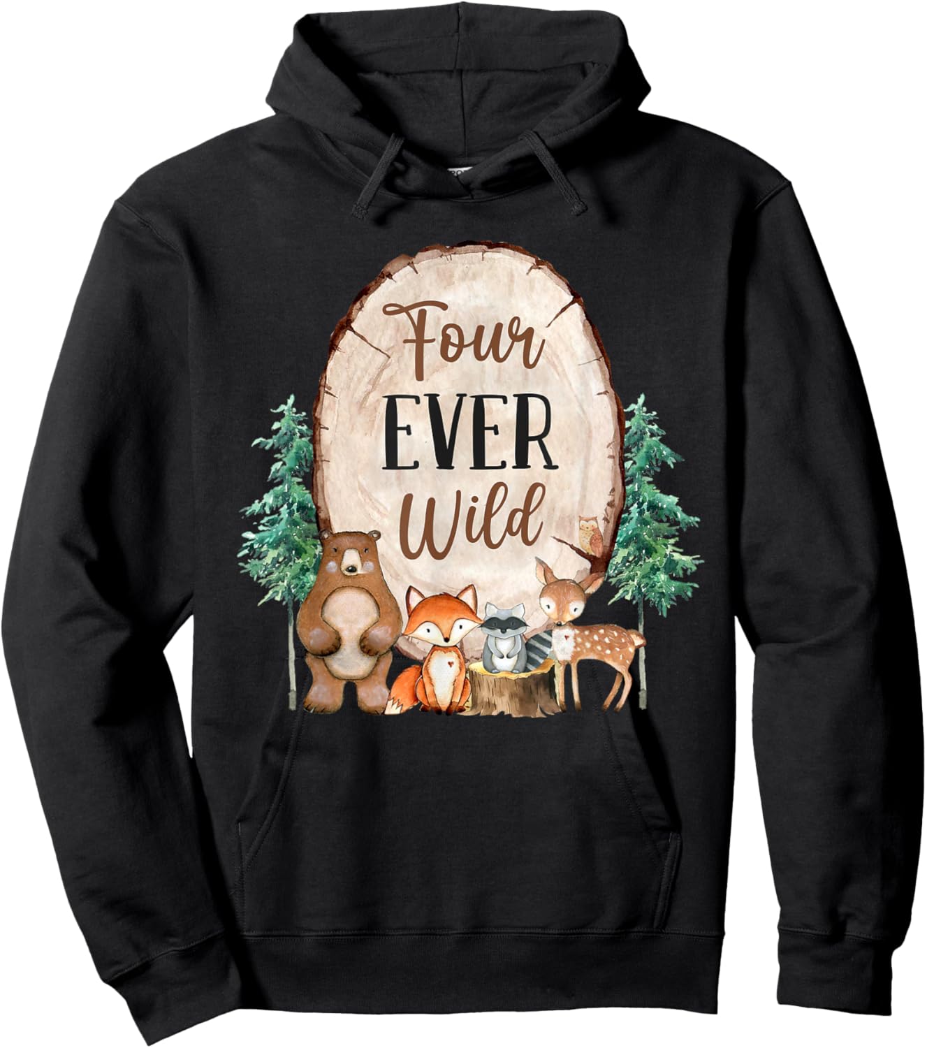 Four Ever Wild Zoo Theme 4th Birthday Woodland Safari Jungle Hoodie - Hoodie | Black
