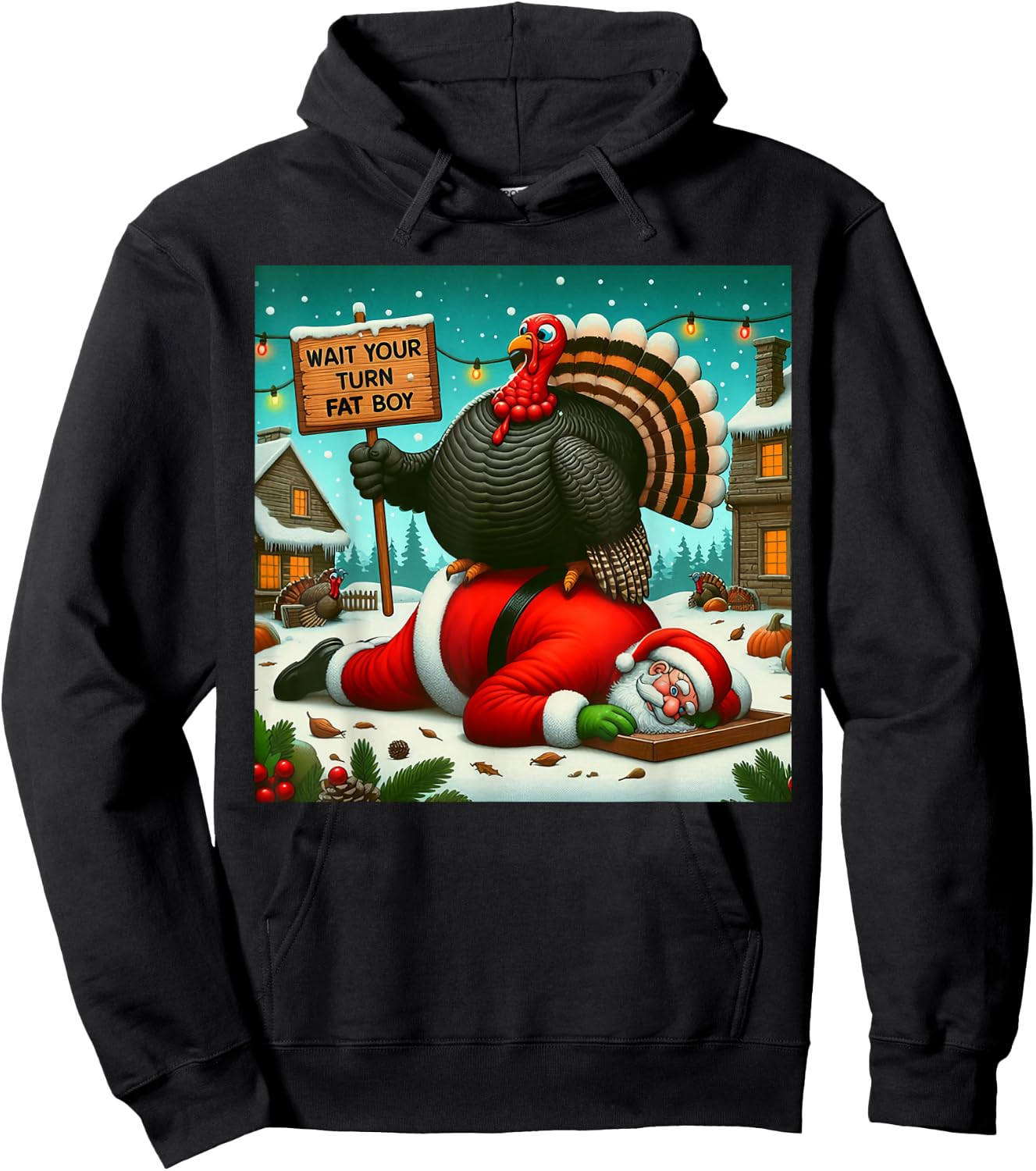 Wait Your Turn Fat Boy Turkey Santa Funny Thanksgiving Xmas Hoodie - Hoodie | Black