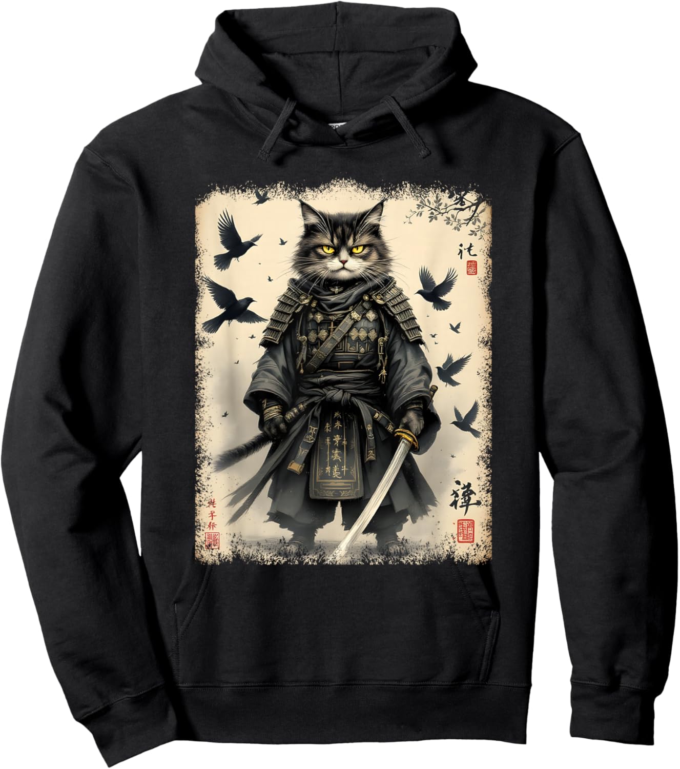 Samurai Cat, Japanese Warrior | Vintage Anime & Samurai Art Hoodie - Hoodie | Black