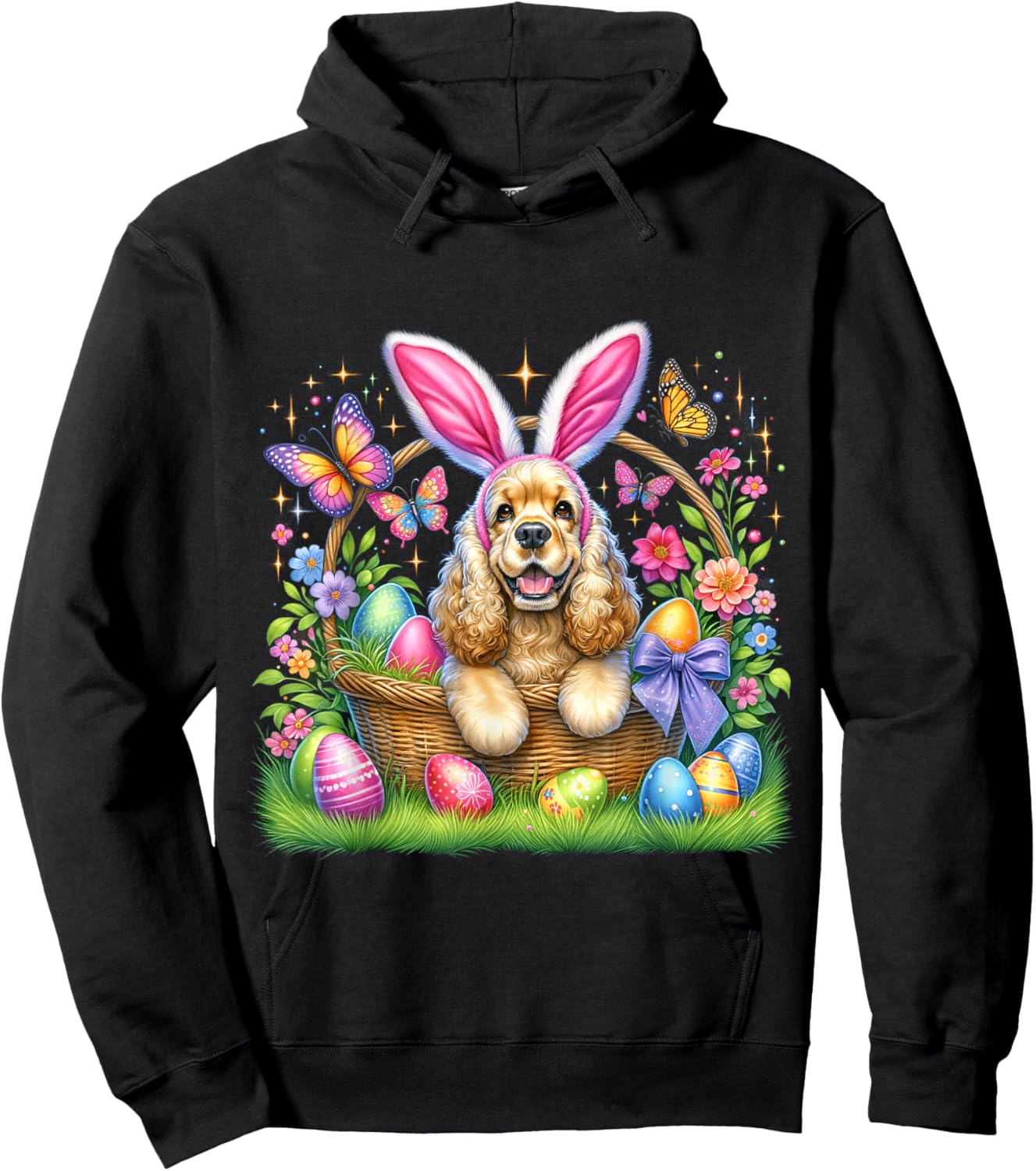 Cute Bunny Cocker Spaniel Dog Easter Eggs Basket Easter Day Men Women Girls Kids Hoodie - Hoodie | Black