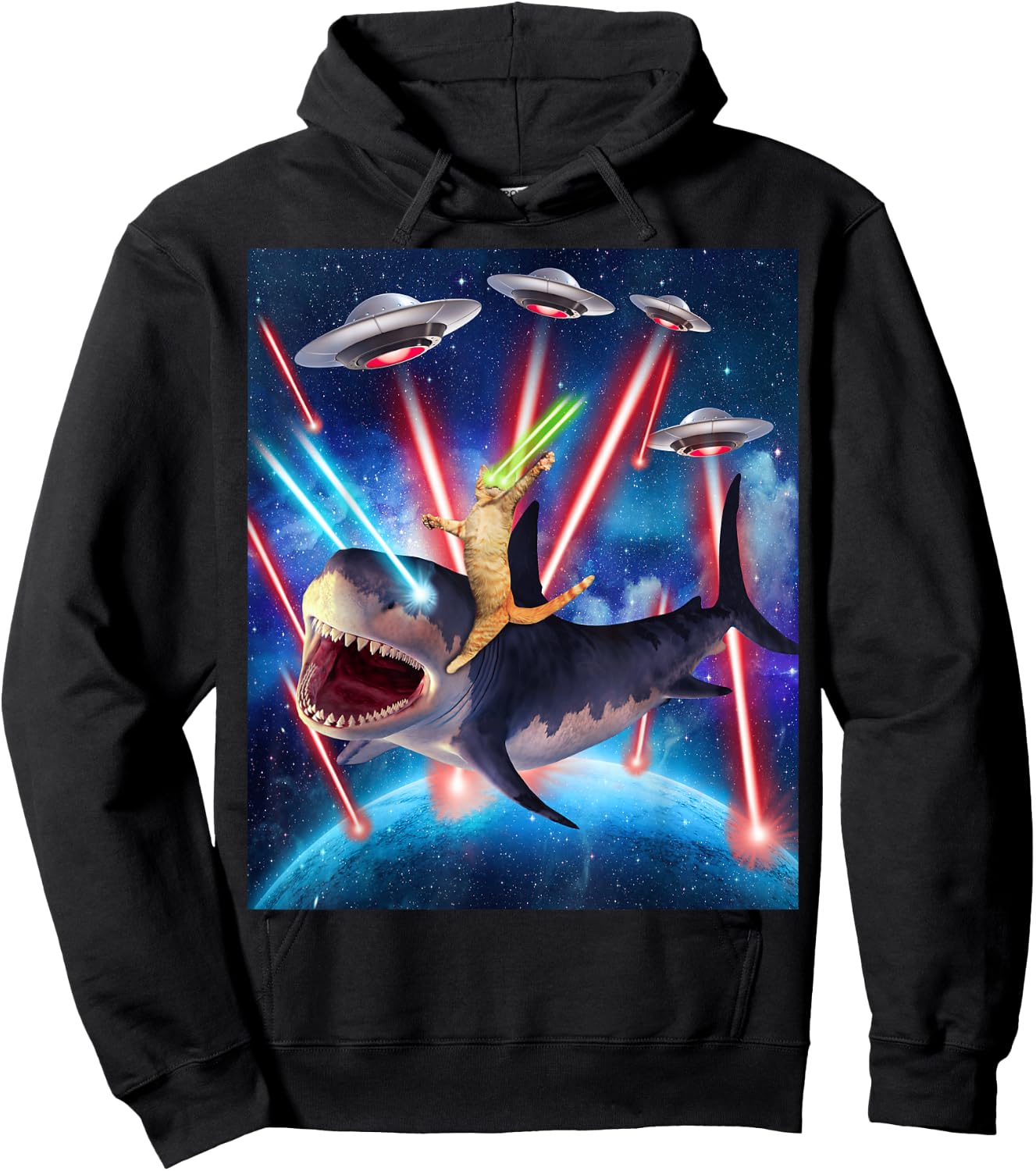 Space Cat Riding Shark Laser Eyes UFO Funny Kitty Cat Women Girls Kids Hoodie - Hoodie | Black