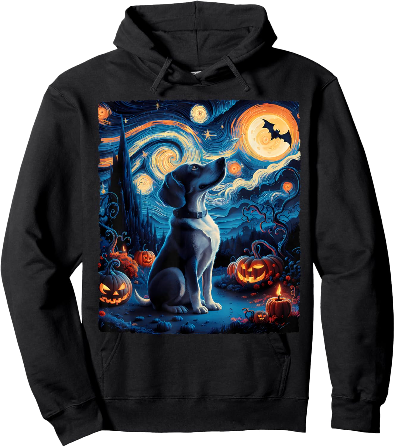 Van Gogh' Starry Night Dog Pumpkins Bats Funny Halloween Women Kids Hoodie - Hoodie | Black