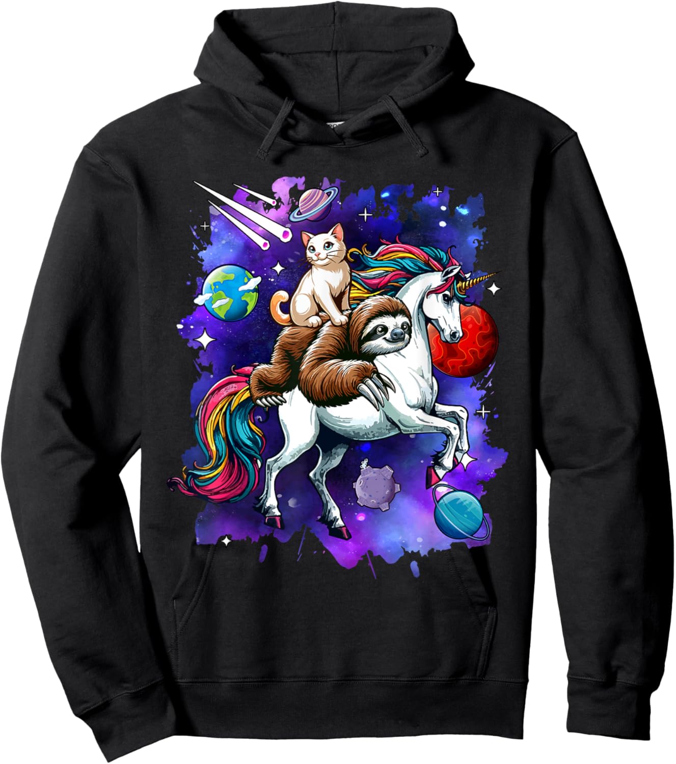 Cat And Sloth Riding Unicorn In Space Costume Galaxy Women Kids Hoodie - Hoodie | Black