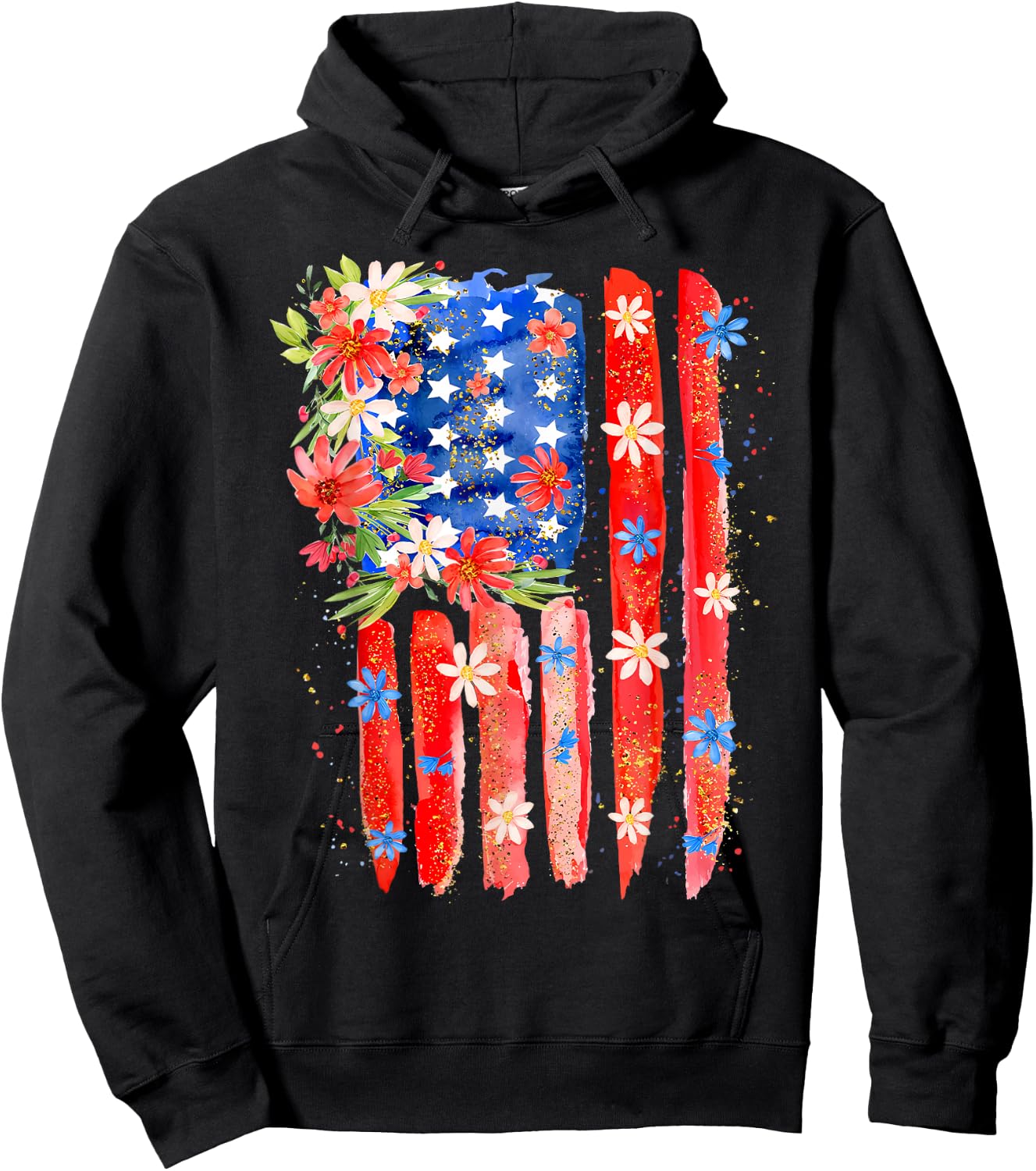 Flower Brushstroke US Flag 4th Of July Patriotic Graphic Hoodie - Hoodie | Black