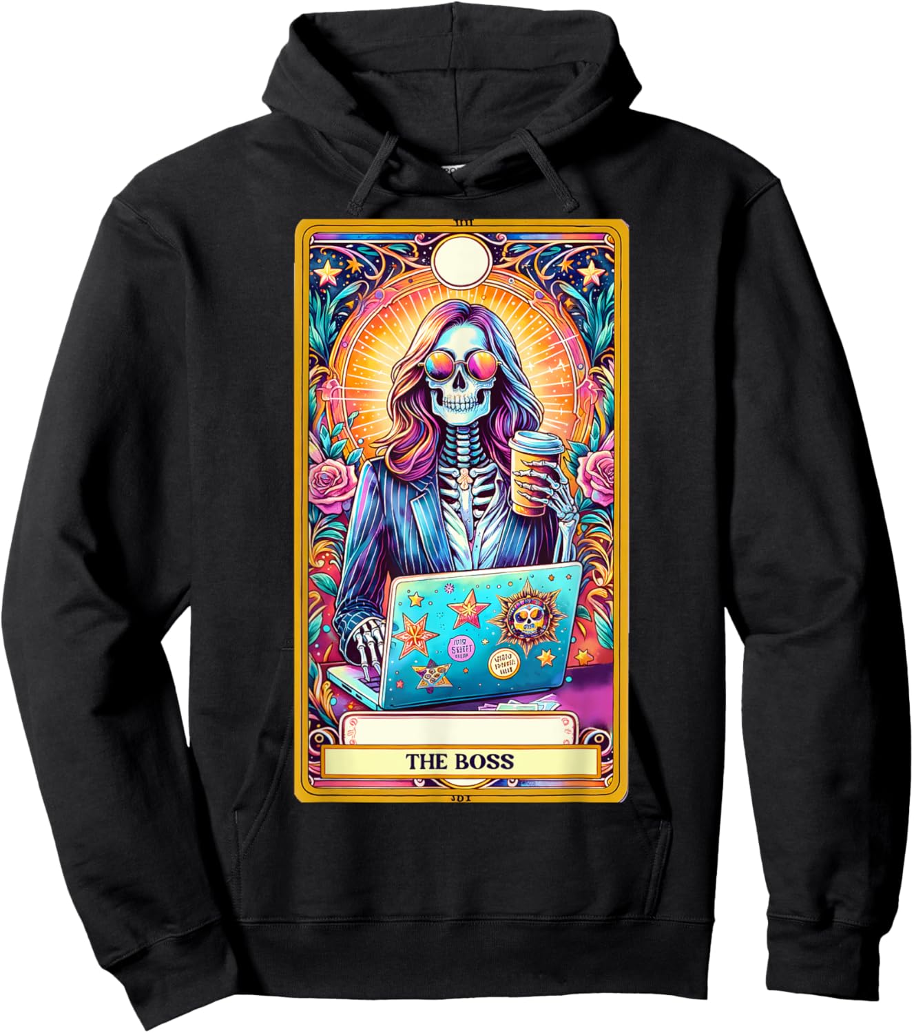 Women Boss Tarot Card Skeleton Work Hustle Leadership Coffee Hoodie - Hoodie | Black