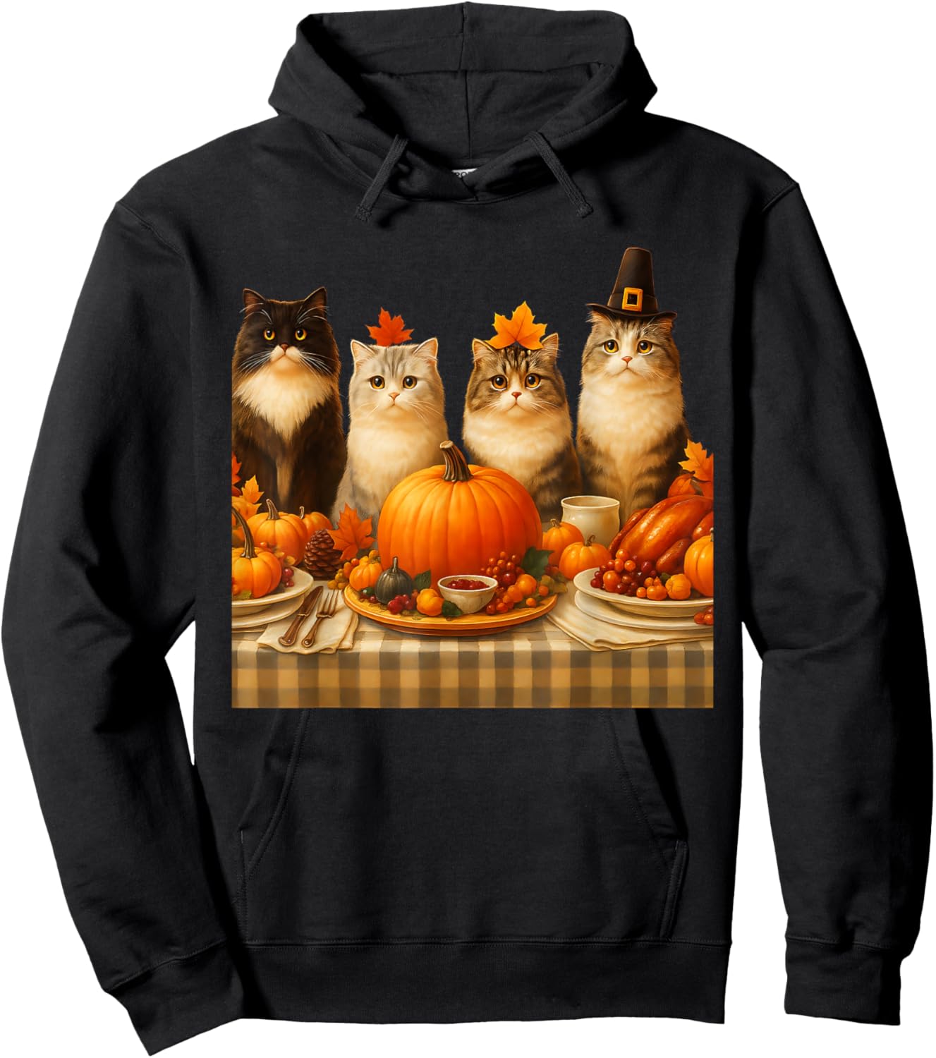 Thanksgiving Cats Dinner Feast Vintage Fall Men Women Kids Hoodie - Hoodie | Black