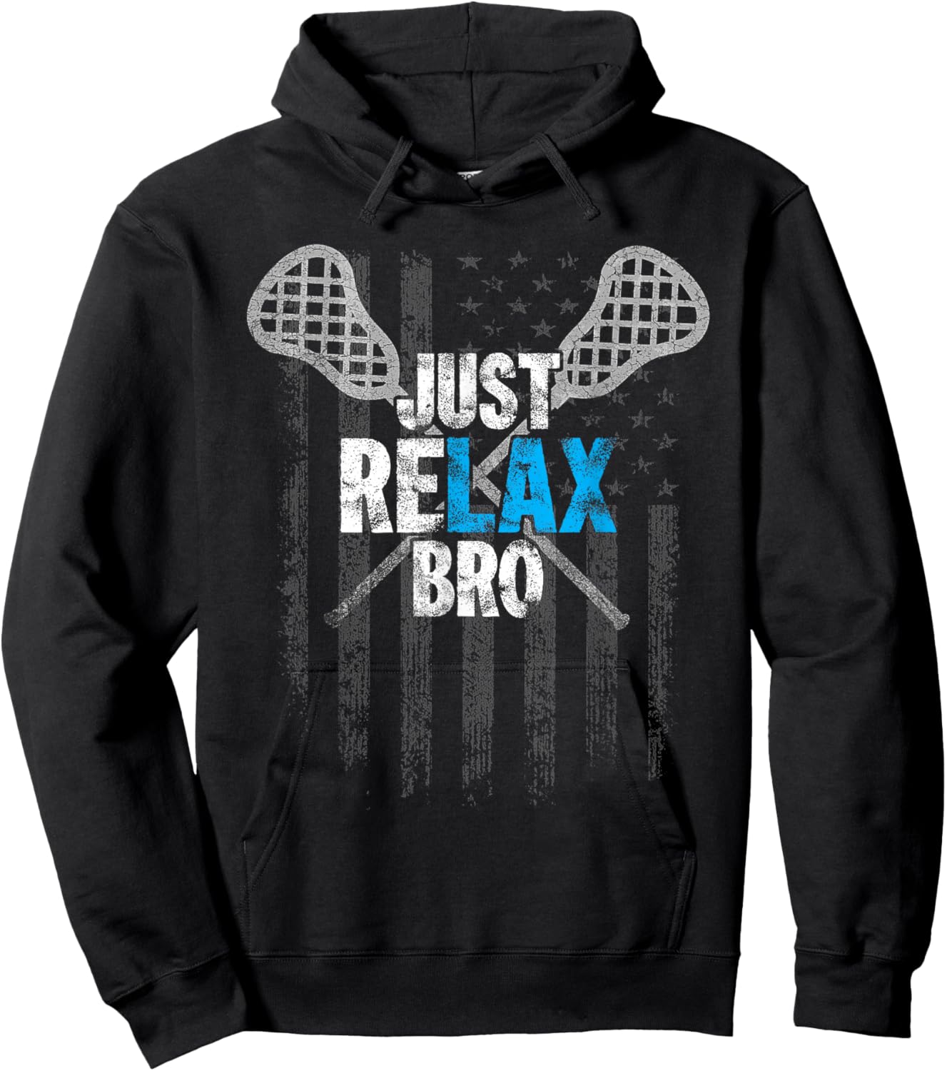 Just Relax Bro Lacrosse Sticks Distressed American Flag Hoodie - Hoodie | Black
