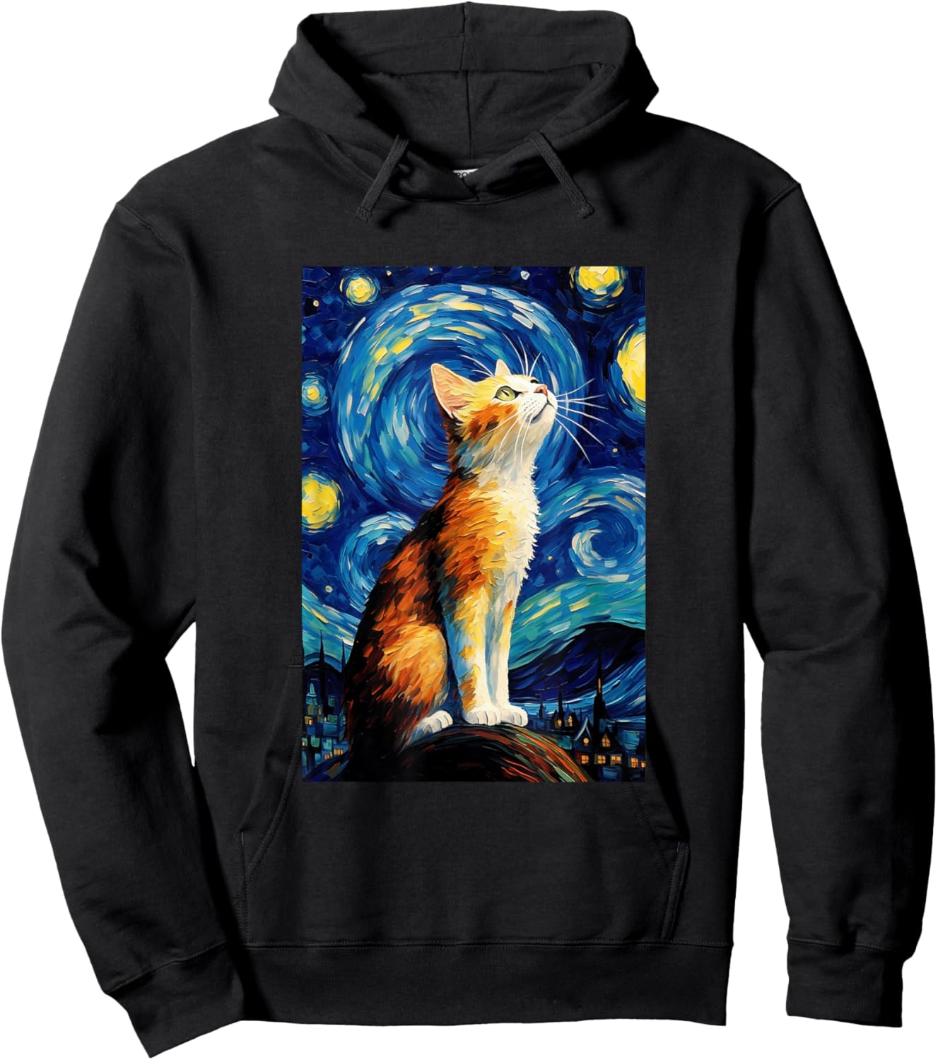 Cat Van Gogh Style Starry Night Graphic Hoodie - Hoodie | Black