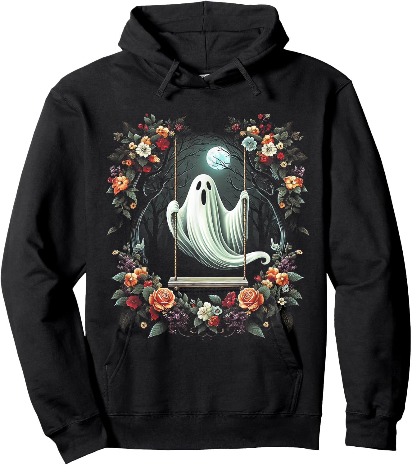 Vintage Floral Ghost On Swing In Forest Halloween Gothic Hoodie - Hoodie | Black