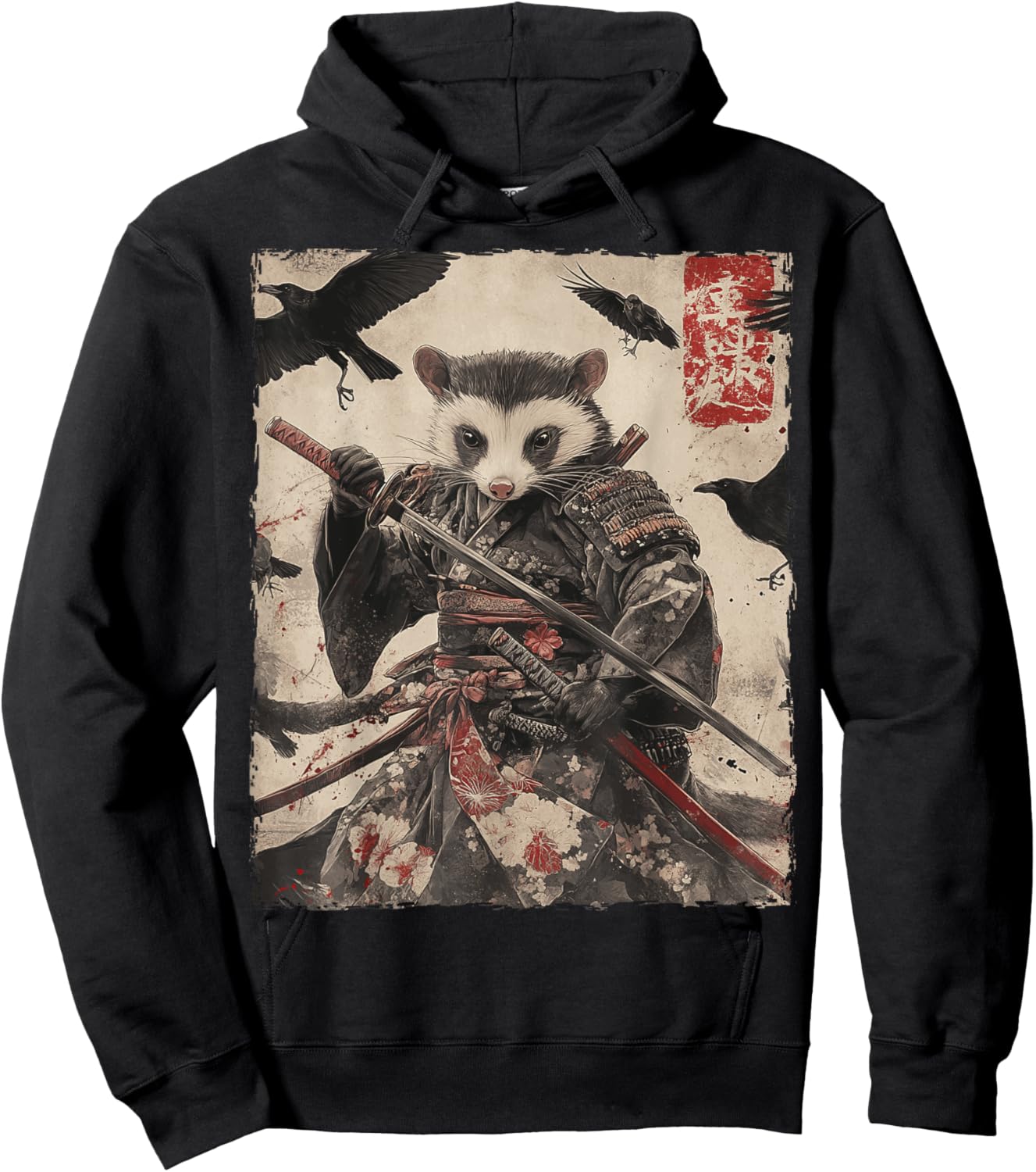 Opossum Possum Samurai Graphic Japanese Warrior Anime Hoodie - Hoodie | Black