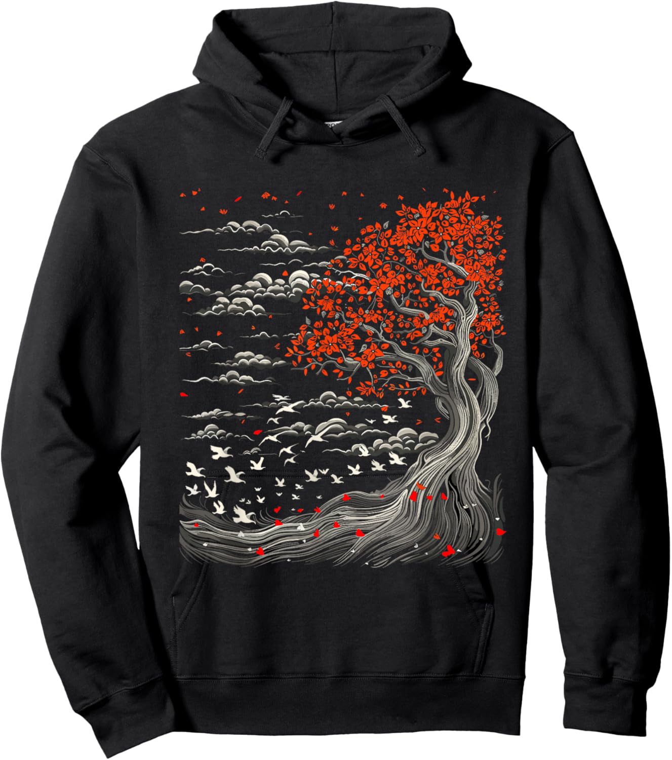 Japanese Tree, Birds, Clouds Art, Natur Lover, Men, Women Hoodie - Hoodie | Black