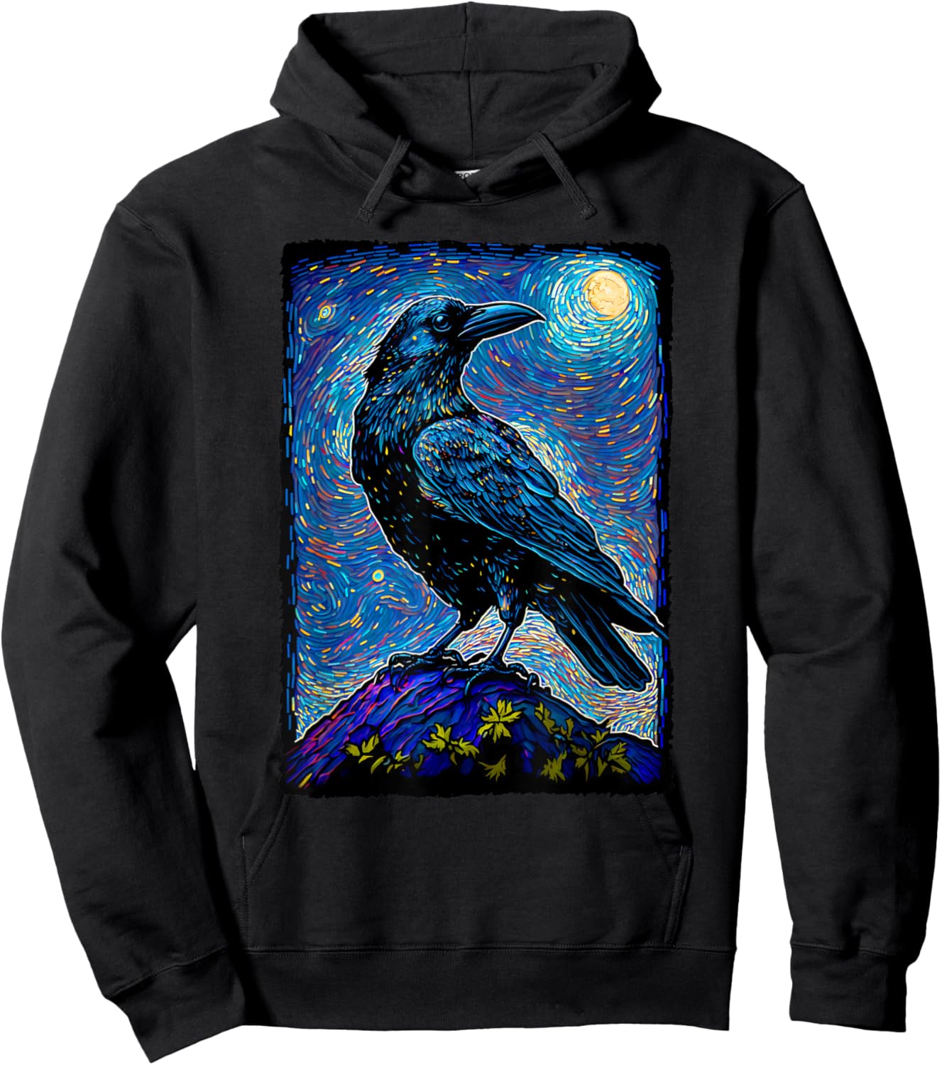 Raven Starry Night Style Painting, Van Gogh Crow Lover Hoodie - Hoodie | Black