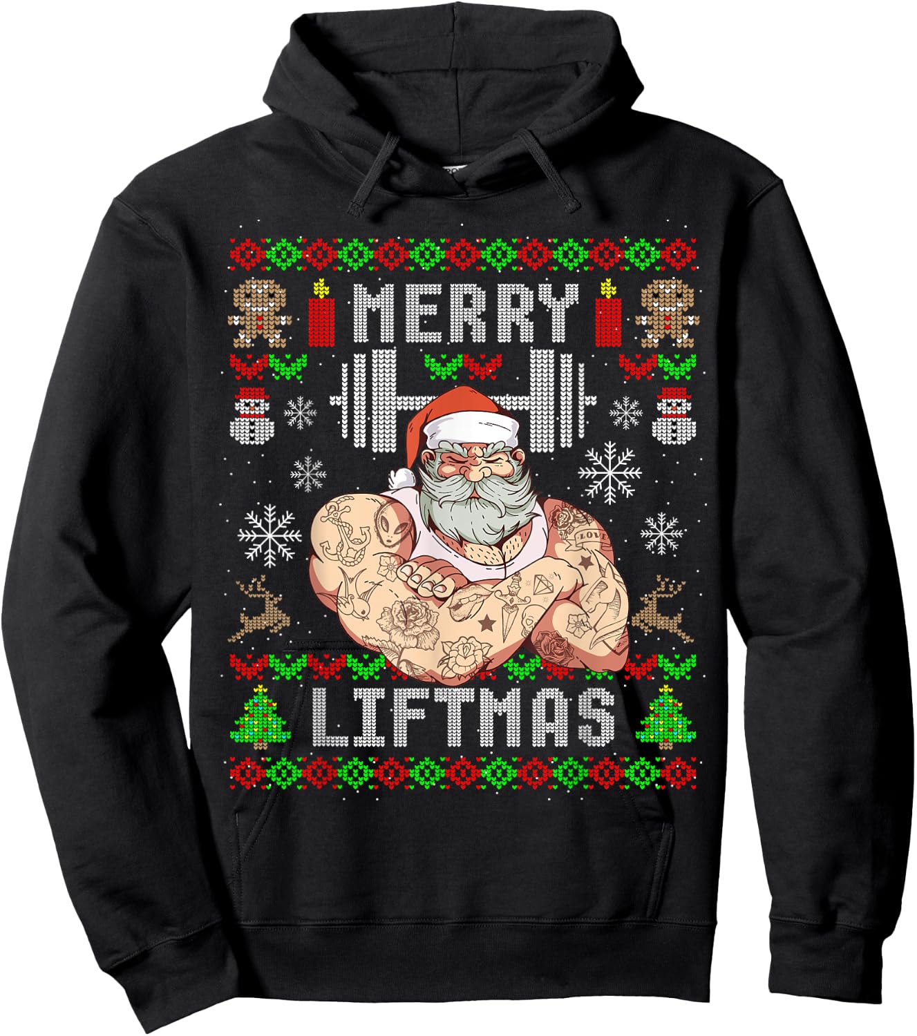 Funny Merry Liftmas Ugly Christmas Workout Powerlifting Hoodie - Hoodie | Black