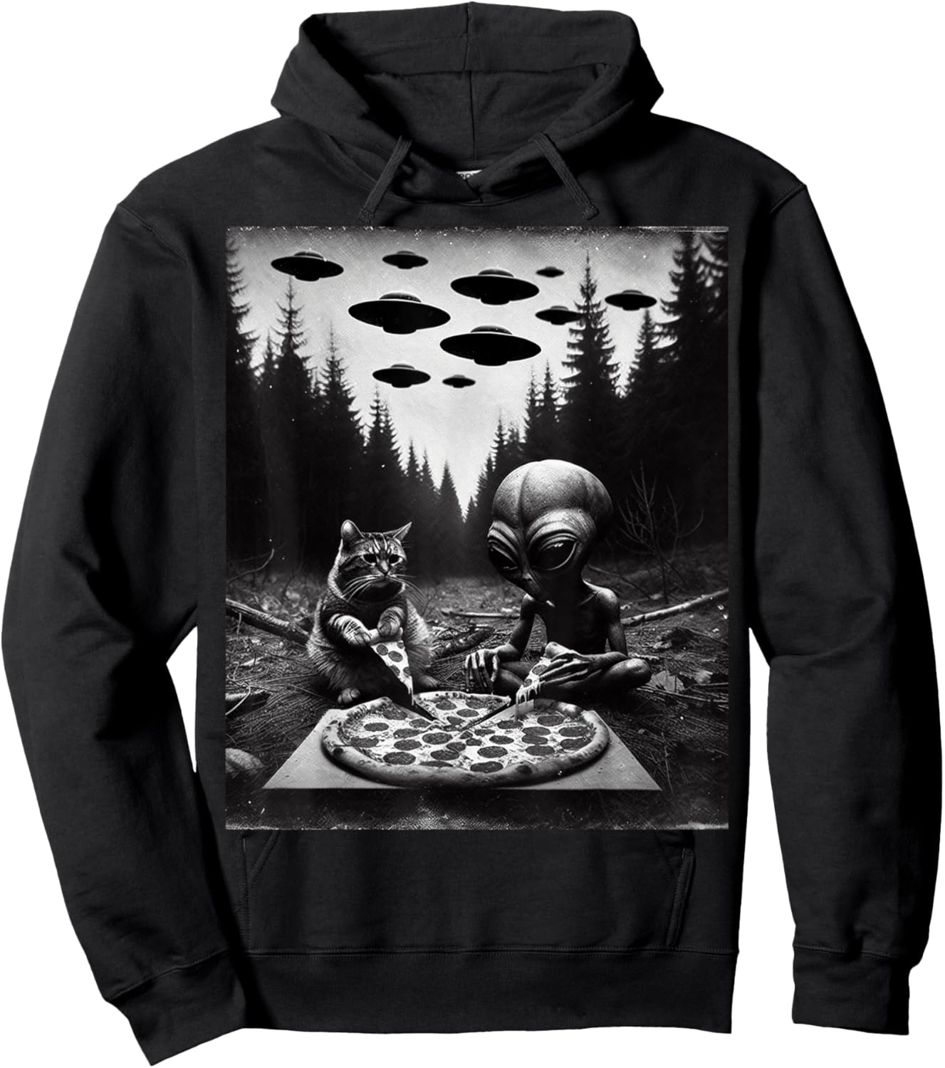 Funny Cat With Alien Eating Pizza. Cat And UFO Spaceship Hoodie - Hoodie | Black