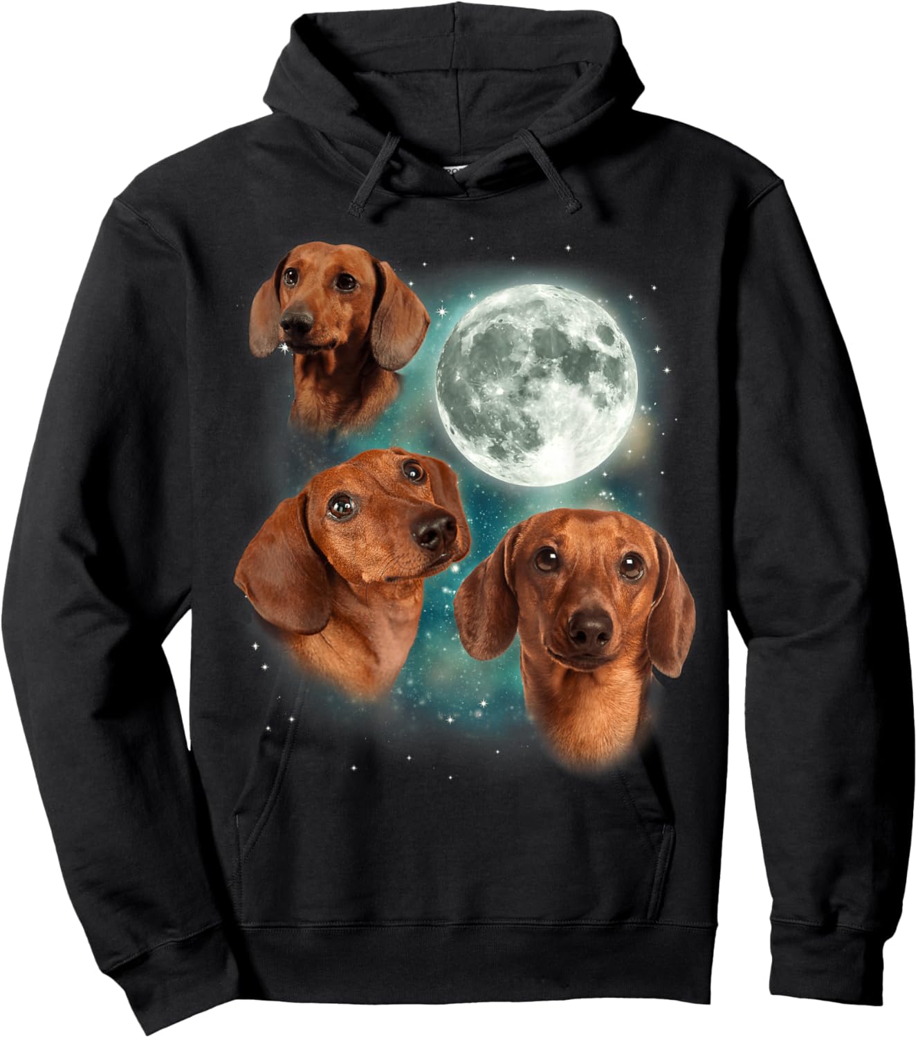Three Dachshund Moon | Wiener Dog Humorous Doggo Meme Parody Hoodie - Hoodie | Black