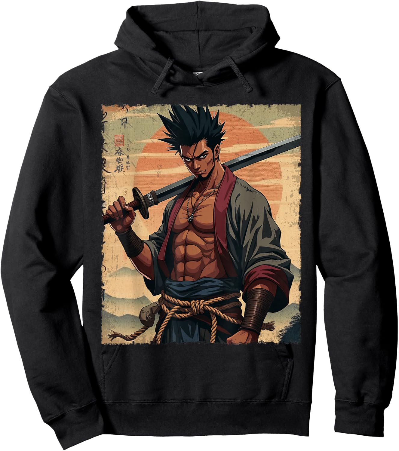 African Samurai Anime Afro American Bushido Warrior Katana Hoodie - Hoodie | Black