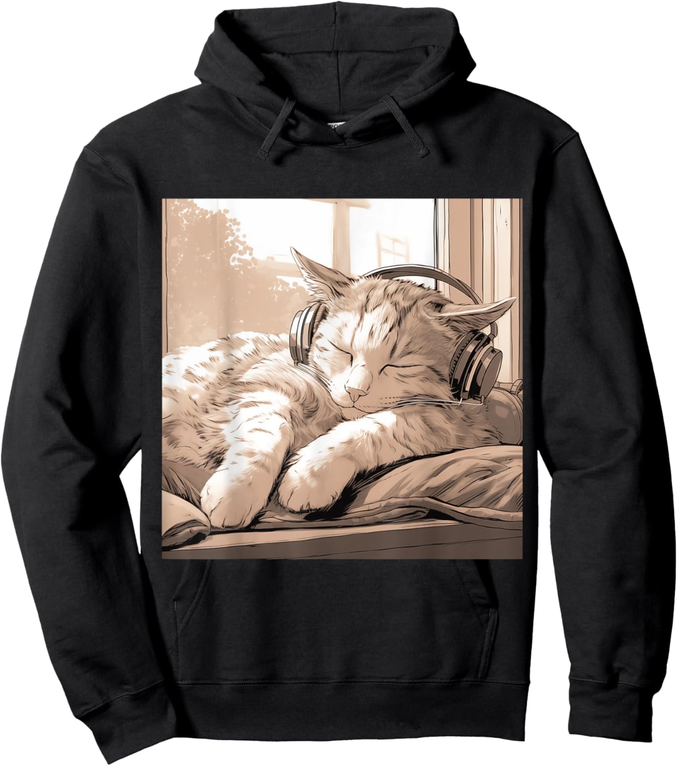 Sleeping Lo-Fi Manga Cat Wearing Headphones Hoodie - Hoodie | Black