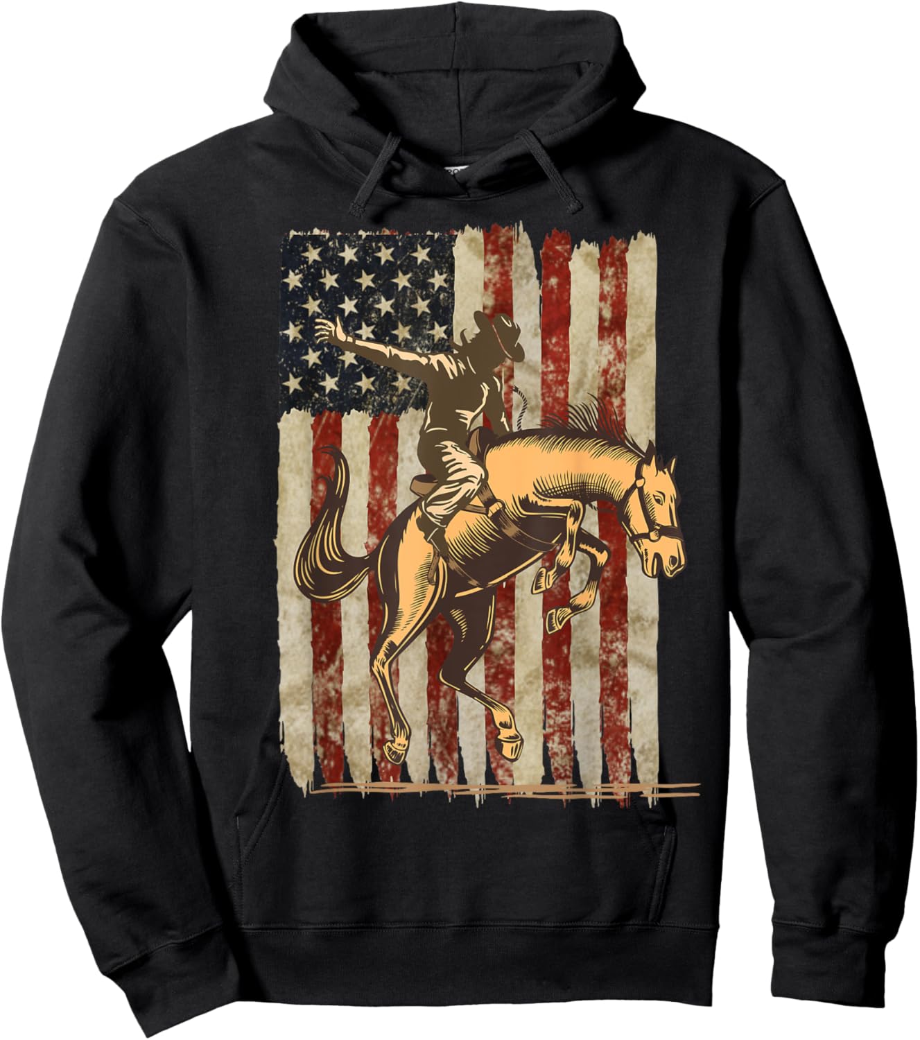 Patriotic Rodeo Cowboy Bronc Rider: Distressed US Flag Hoodie - Hoodie | Black
