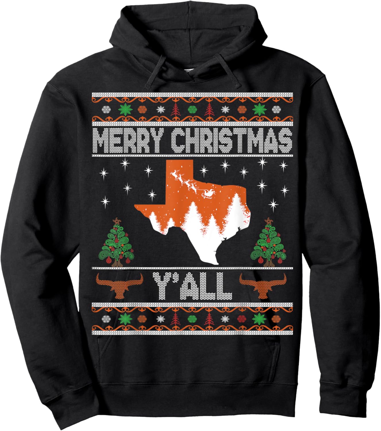 Merry Xmas Y'all Texas Ugly Matching Family Longhorn Sweater Hoodie - Hoodie | Black