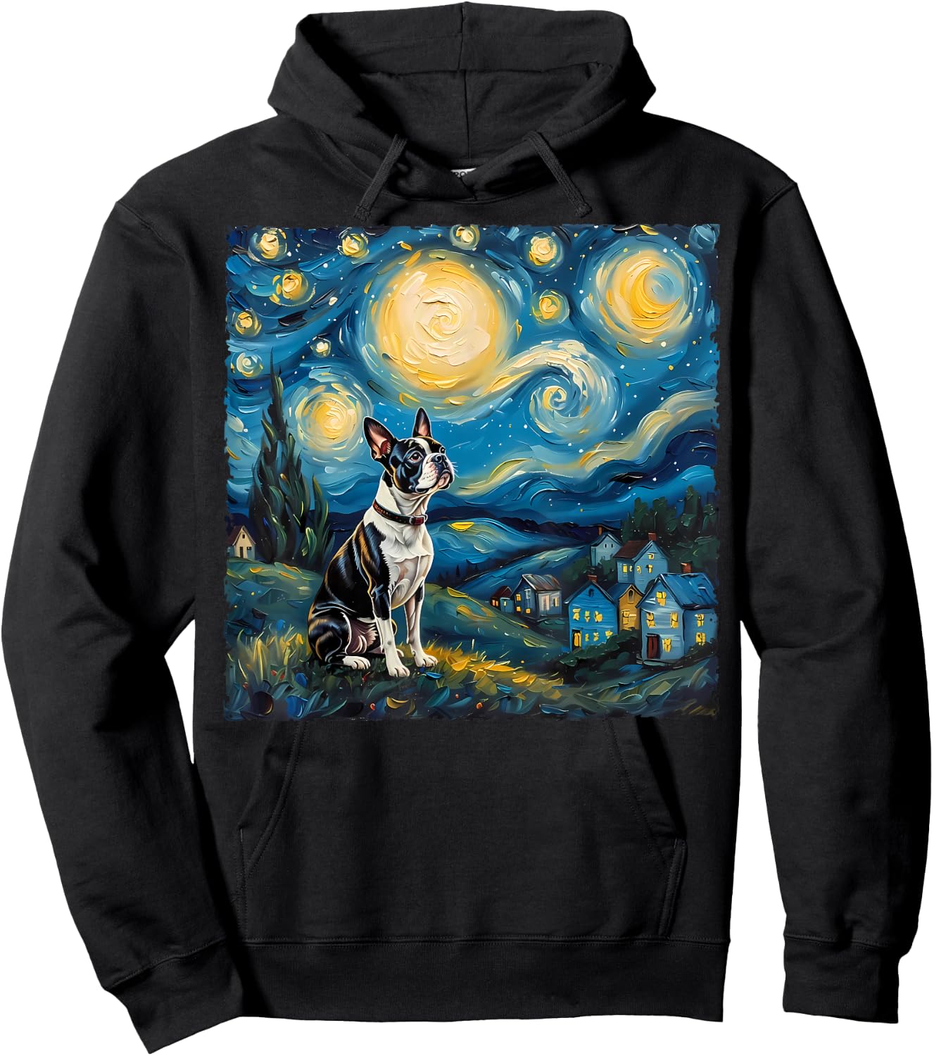 Boston Terrier Dog Lovers Starry Night Van Gogh Style Art Hoodie - Hoodie | Black