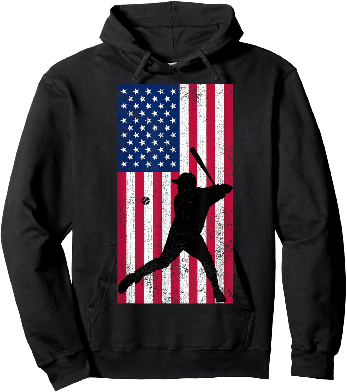 Baseball Player Distressed American Flag USA Patriotic Sport Women Kids Men Hoodie - Hoodie | Black