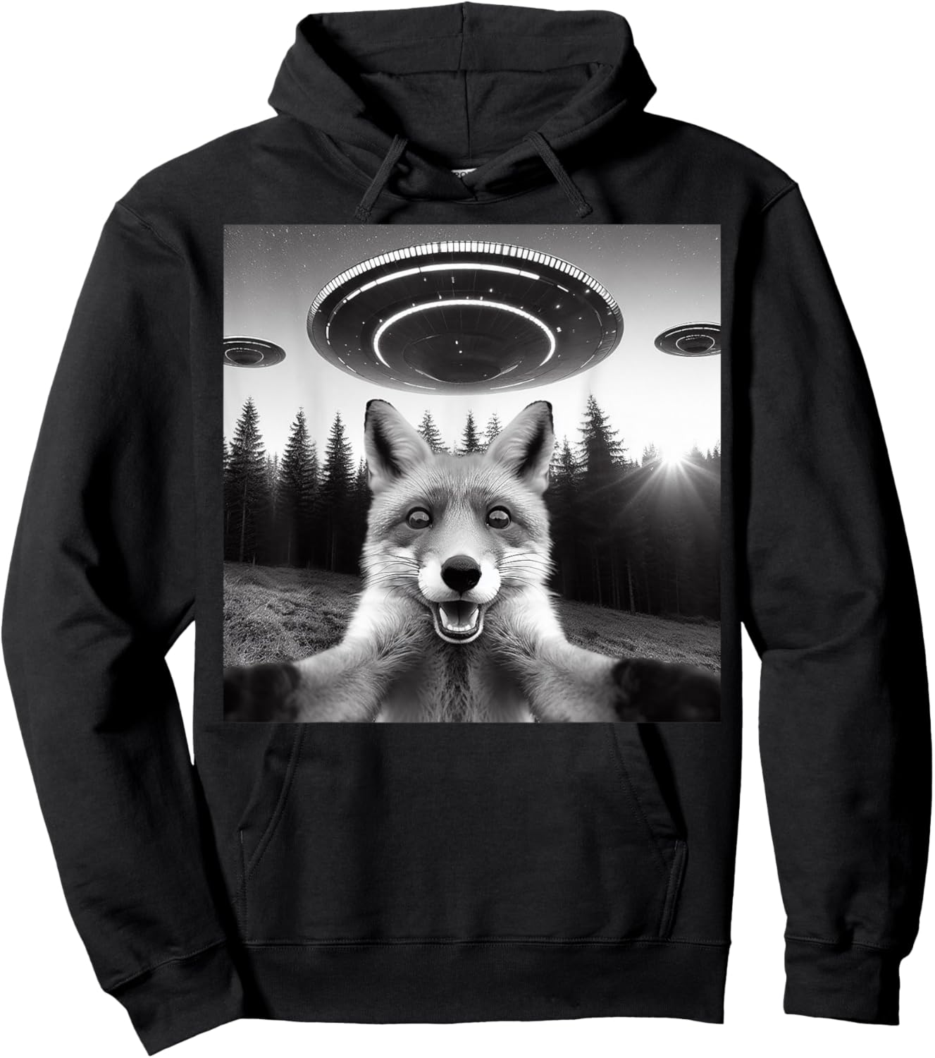 Fox Selfie With Alien UFO Funny Fox Gifts Women Kid Hoodie - Hoodie | Black