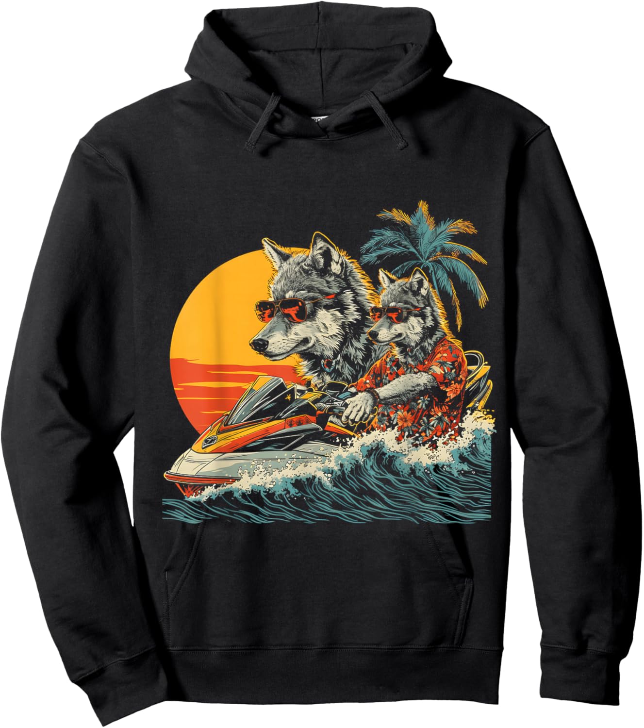 Wolf Driving Jet Ski Wear Hawaiian And Sunglass Sport Hoodie - Hoodie | Black