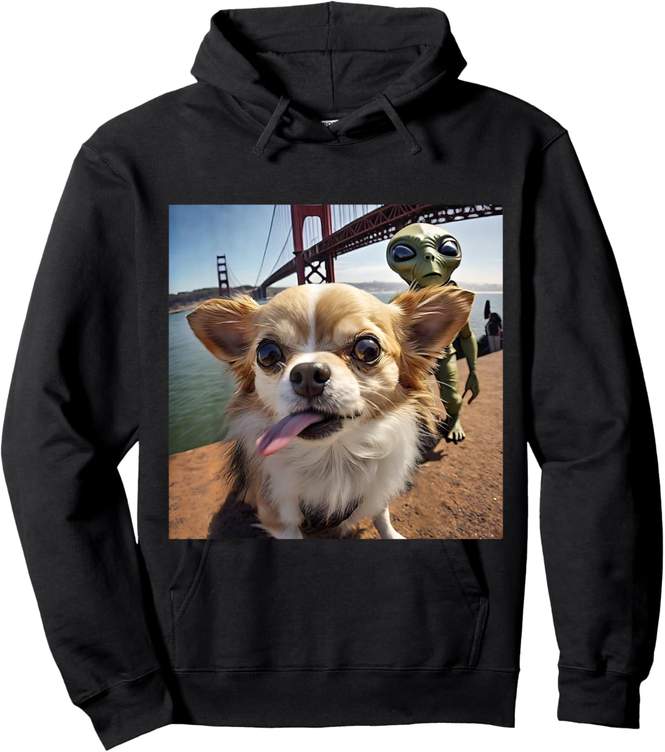CHIHUAHUA selfie UFO alien Golden Gate Bridge dog dad mom Men Women Hoodie - Hoodie | Black