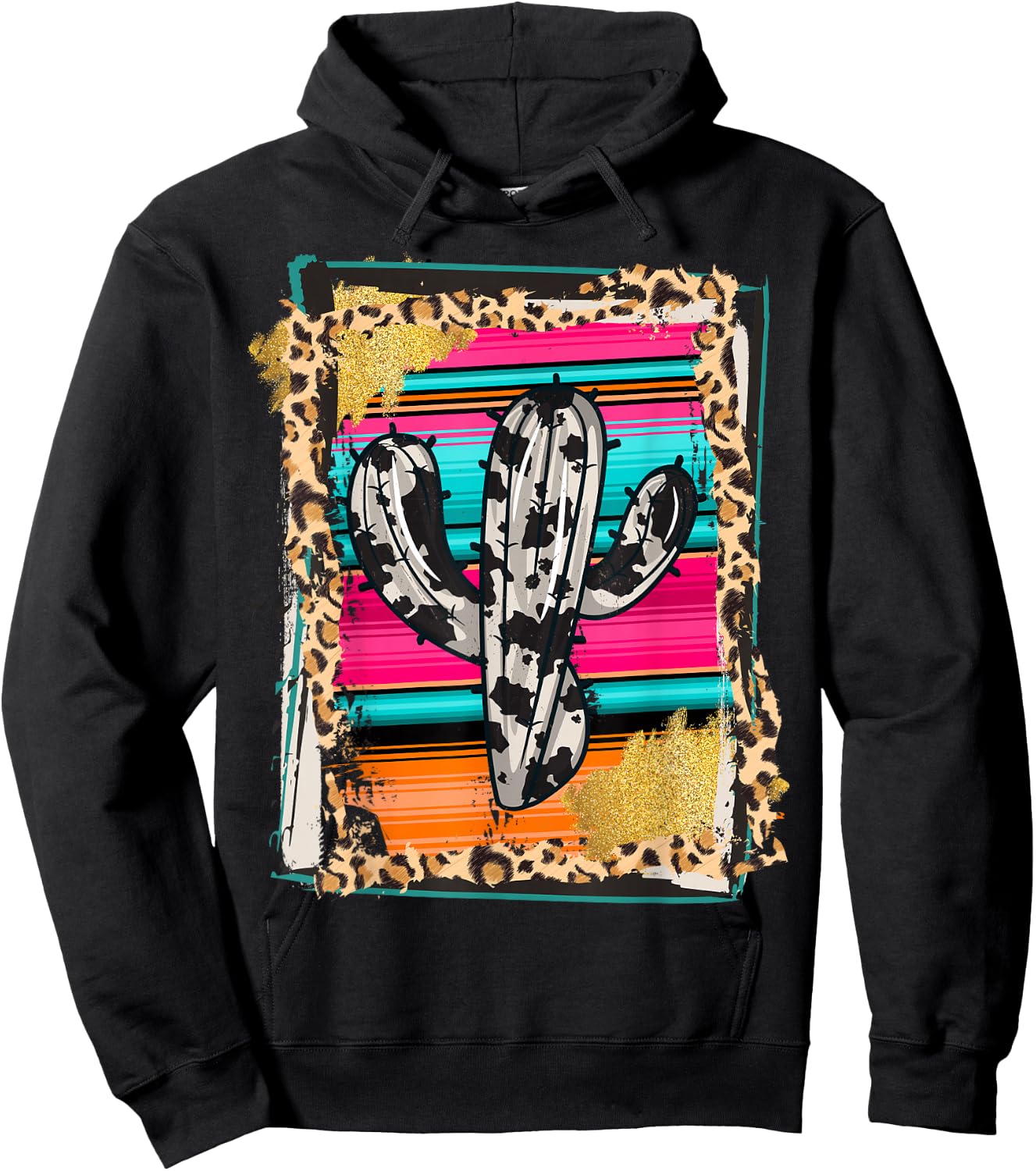 SERAPE CACTUS - Leopard Cow Pattern Print Cowgirl Rodeo Hoodie - Hoodie | Black