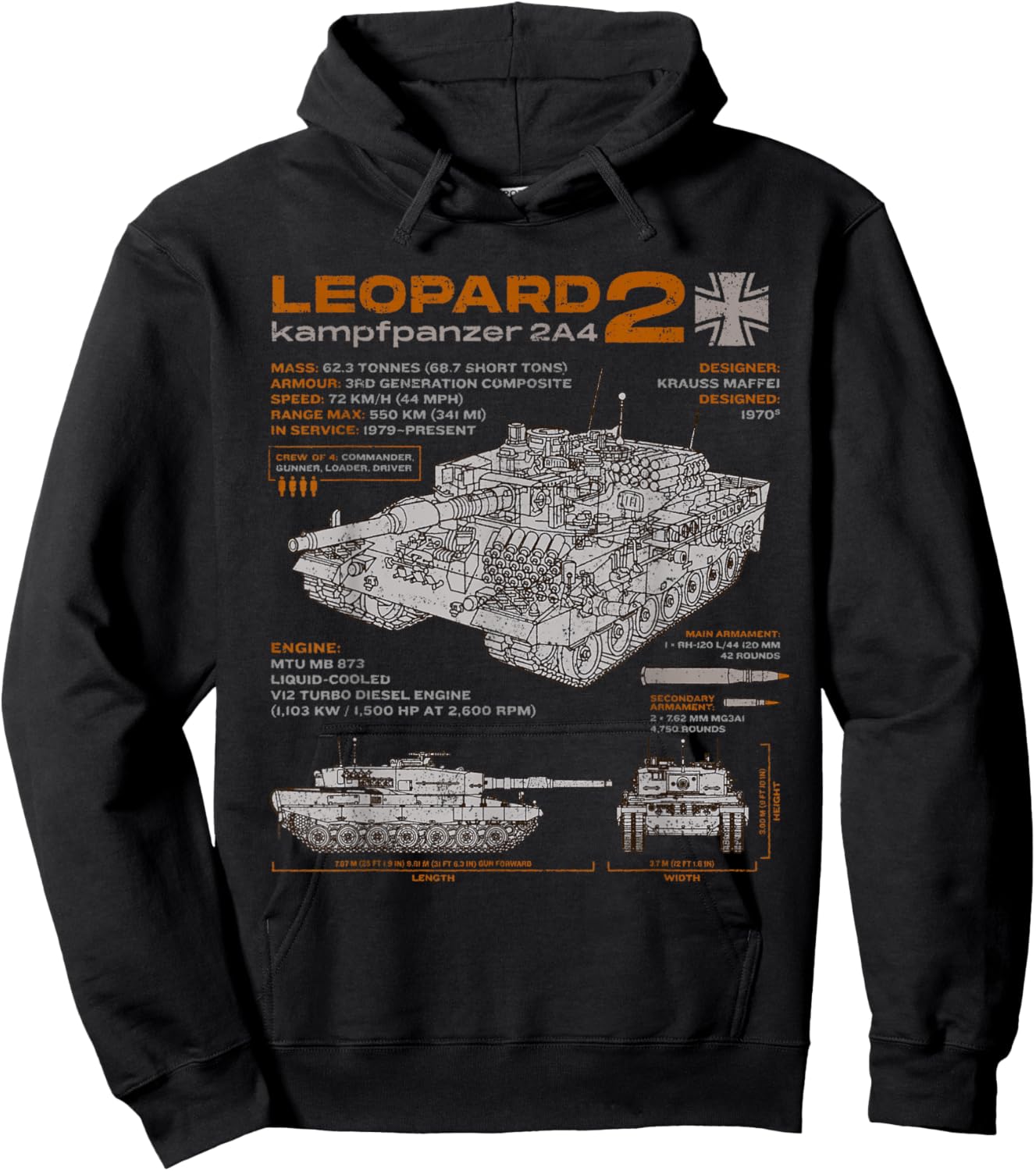 Leopard 2 2A4 Tank Armored Vehicle Blueprint Drawing Hoodie - Hoodie | Black