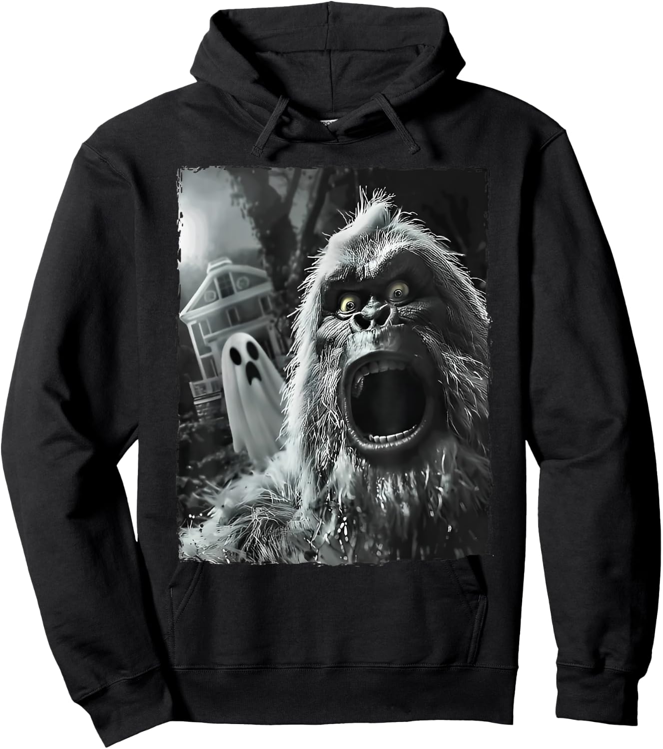 Bigfoot Sasquatch Selfie with Ghost Halloween Haunted House Hoodie - Hoodie | Black