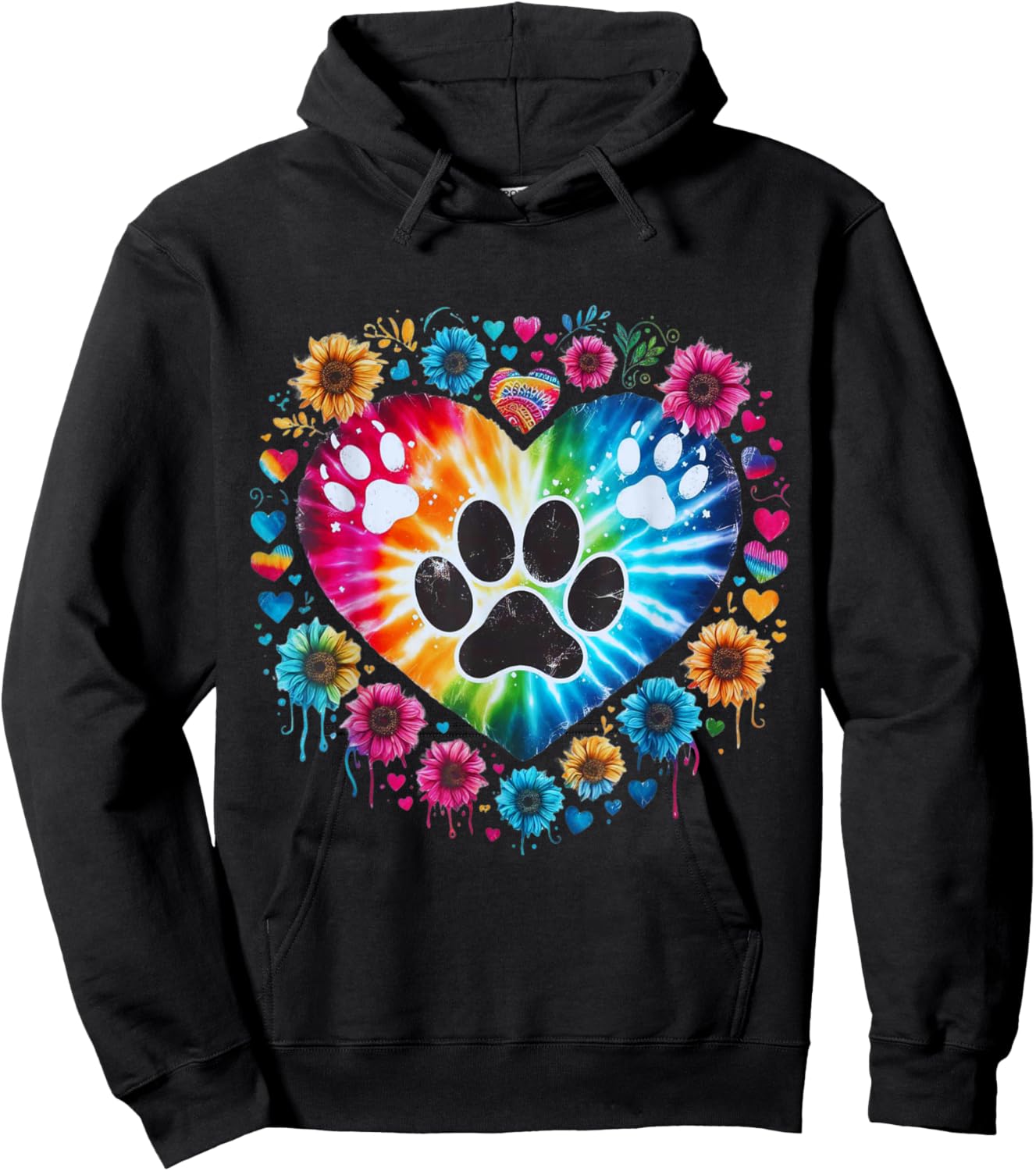 Tie Dye Love Dog Paw Print Heart Animal Lover Men Women Hoodie - Hoodie | Black
