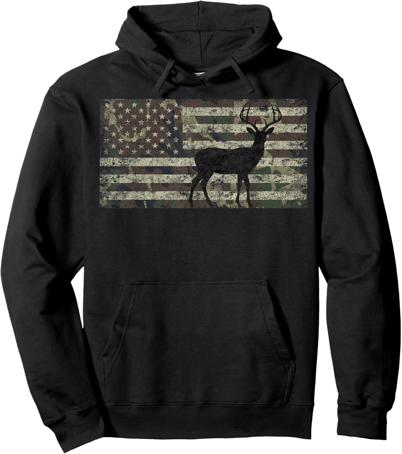 Deer Hunting Camo American Flag Buck Standing Hunter Country Hoodie - Hoodie | Black