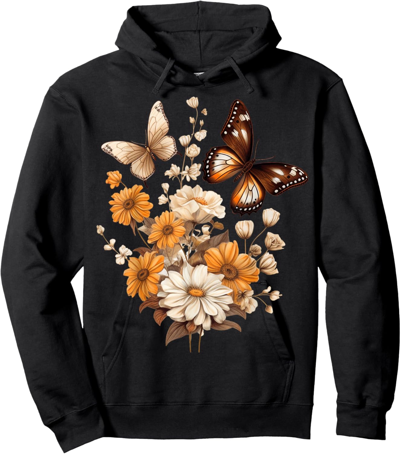 Vintage Pressed Flowers Butterflies Floral Boho Wildflowers Hoodie - Hoodie | Black
