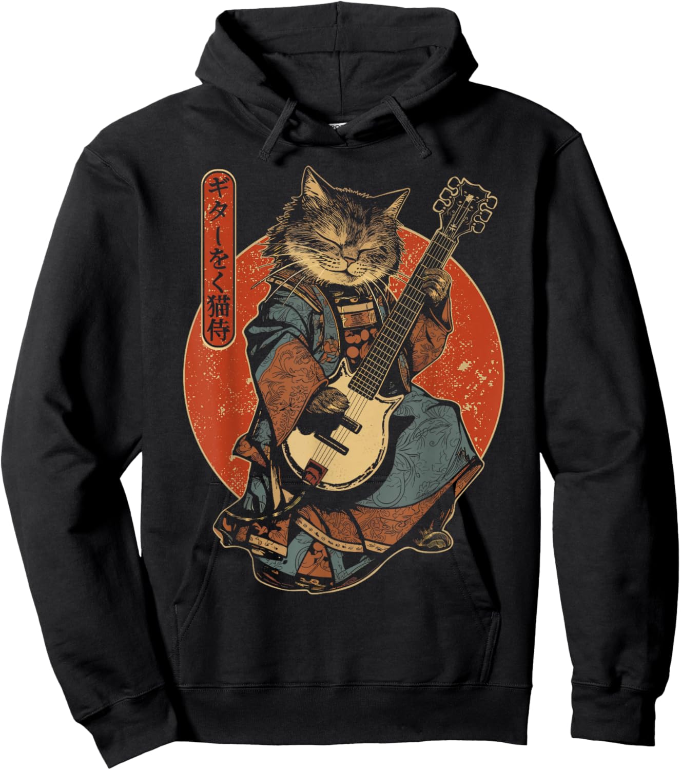 Japanese Samurai Cat Playing The Electric Guitar Hoodie - Hoodie | Black