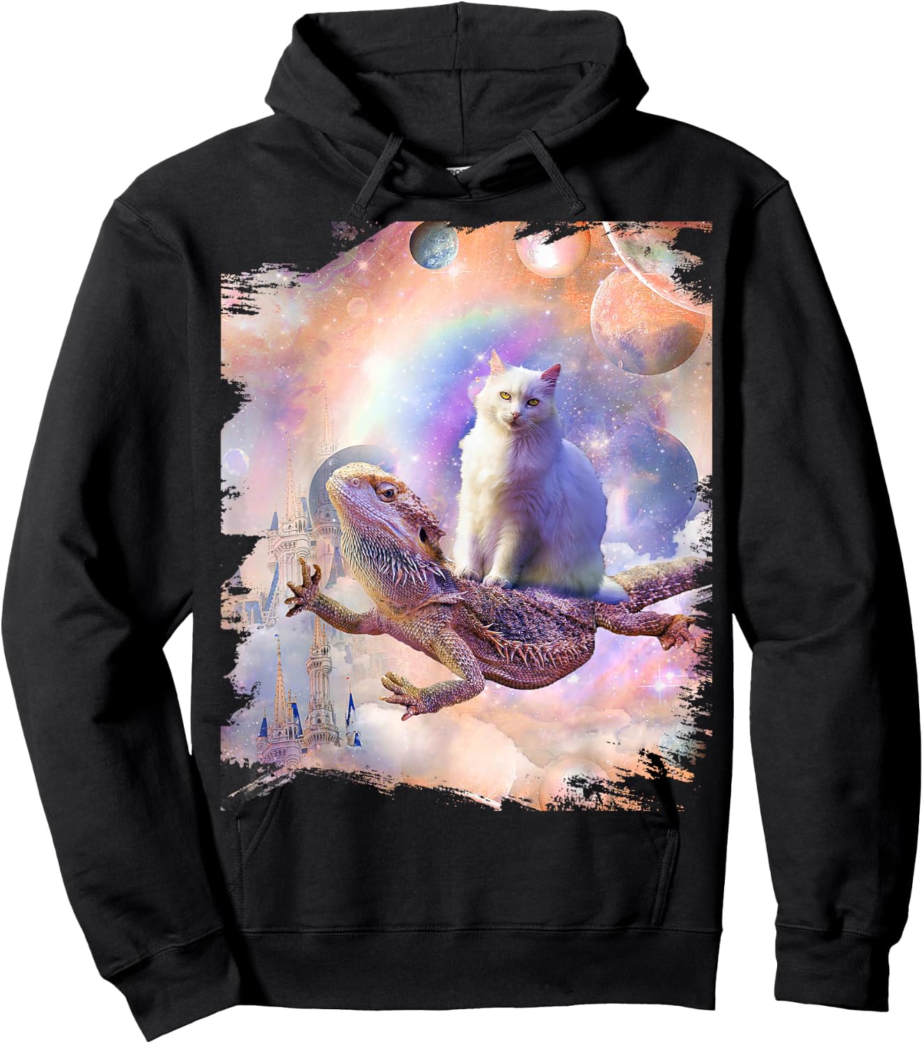 Space Cat Riding Bearded Dragon Lizard Hoodie - Hoodie | Black