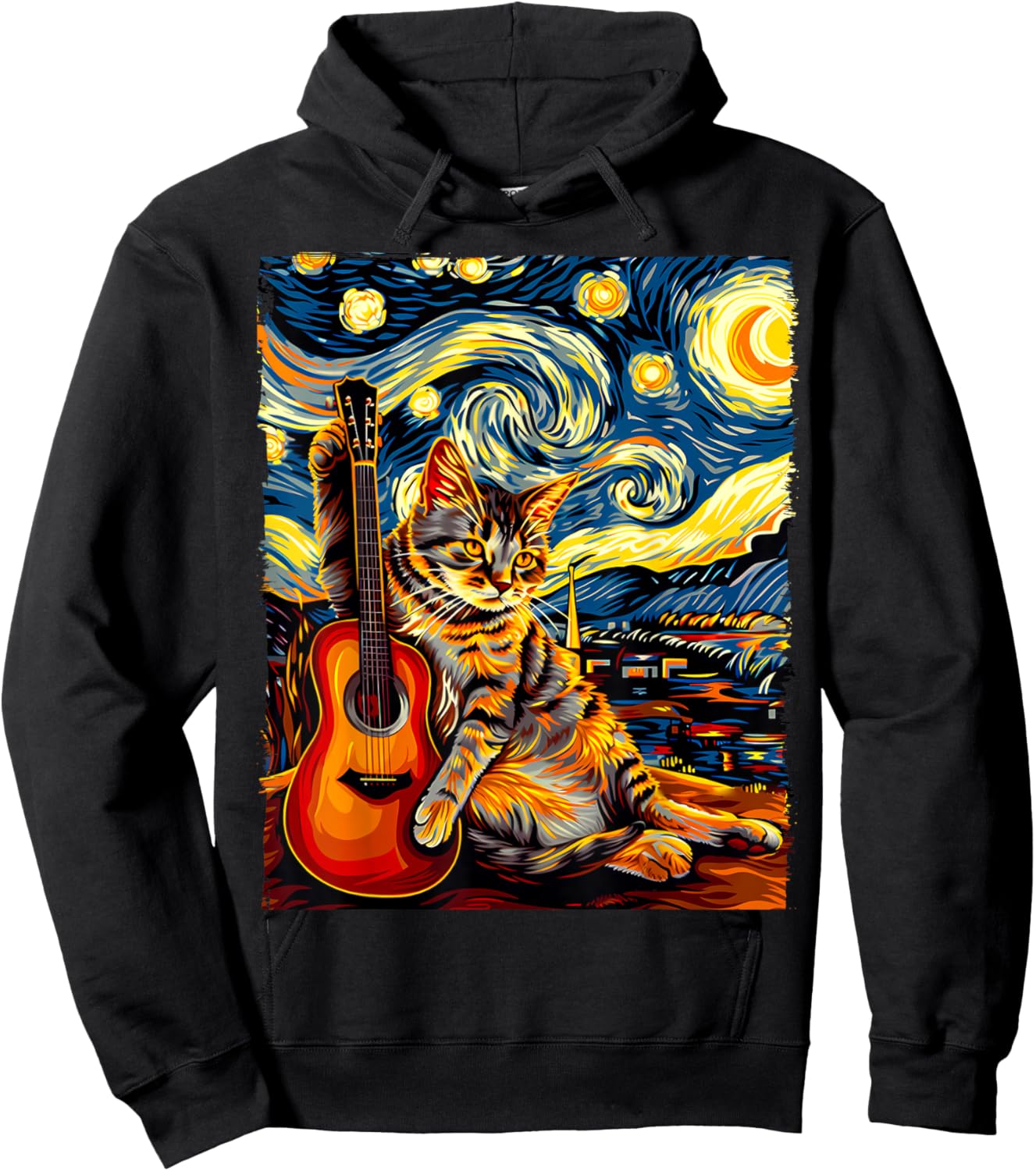 Painting A Cat Playing Guitar in The Starry Night, Cat Art Hoodie - Hoodie | Black