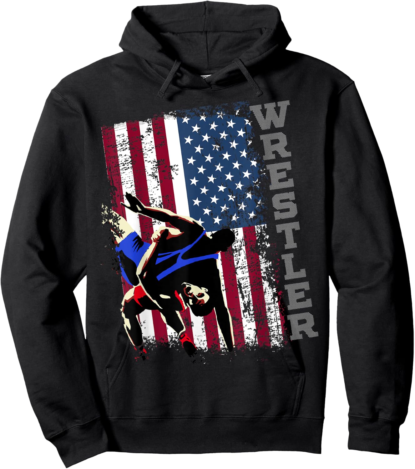 Distressed Look Wrestling American Flag Gift Men Hoodie - Hoodie | Black