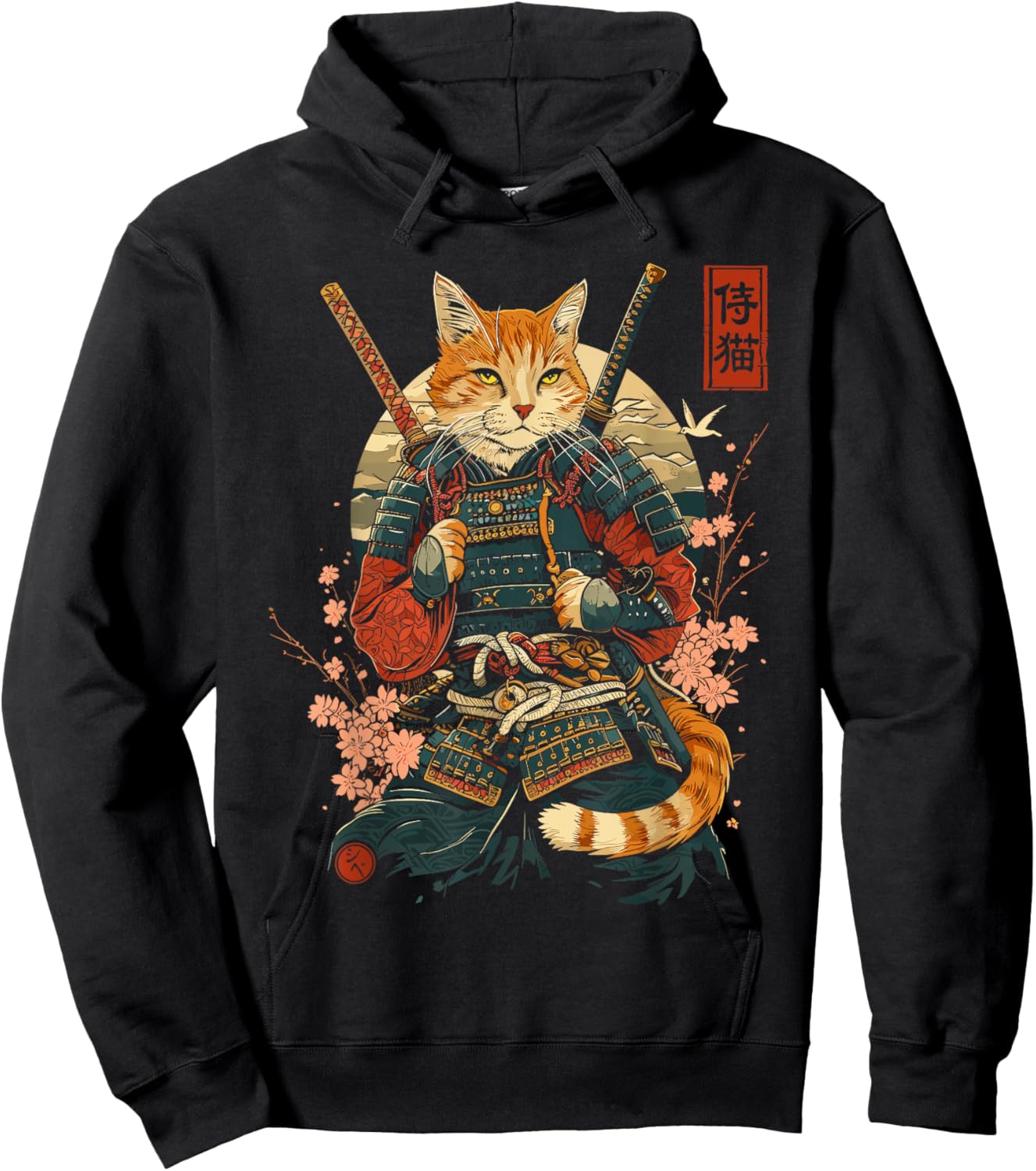Samurai Cat, Japanese Cat Art Aesthetic, Cat Lover Women Hoodie - Hoodie | Black