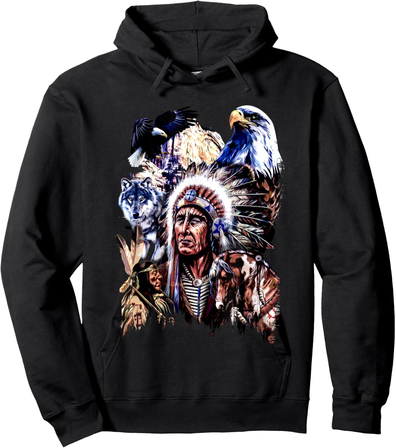 American Indigenous Art Native Indian Chief Headdress Hoodie - Hoodie | Black