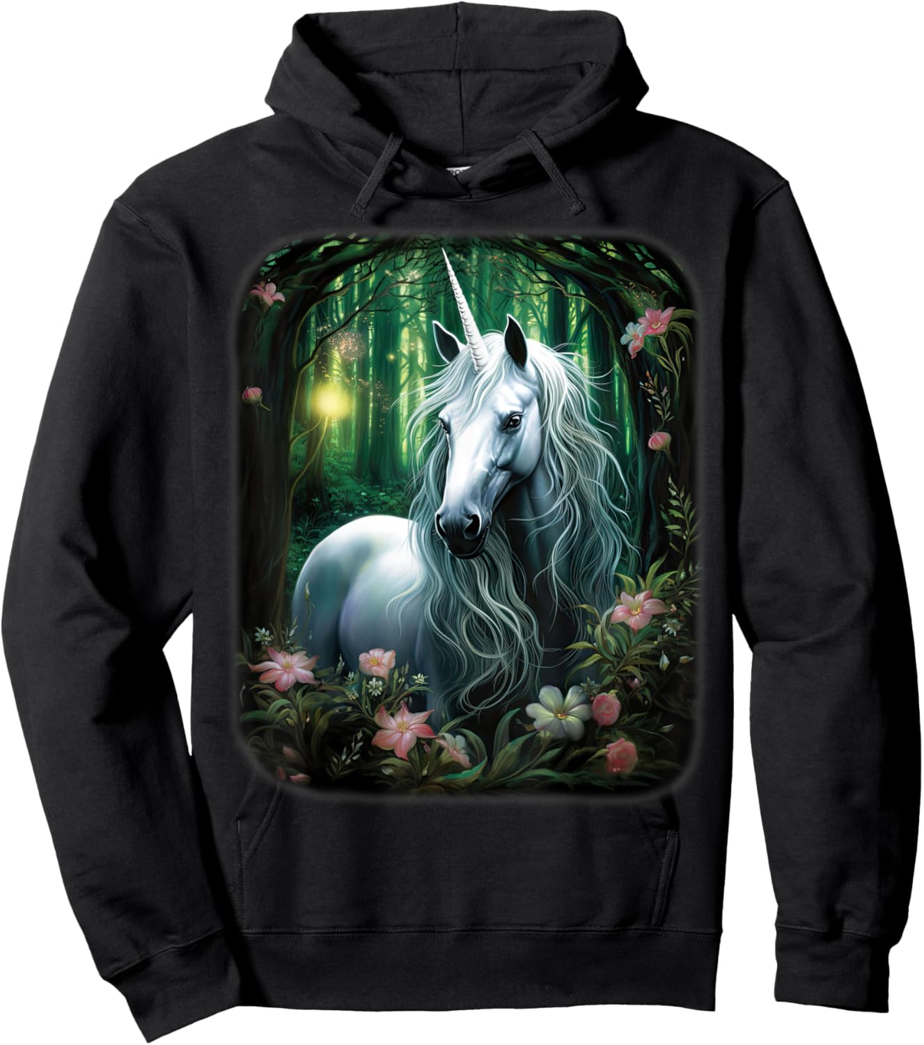 Fantasy white Unicorn standing in green Forest Hoodie - Hoodie | Black