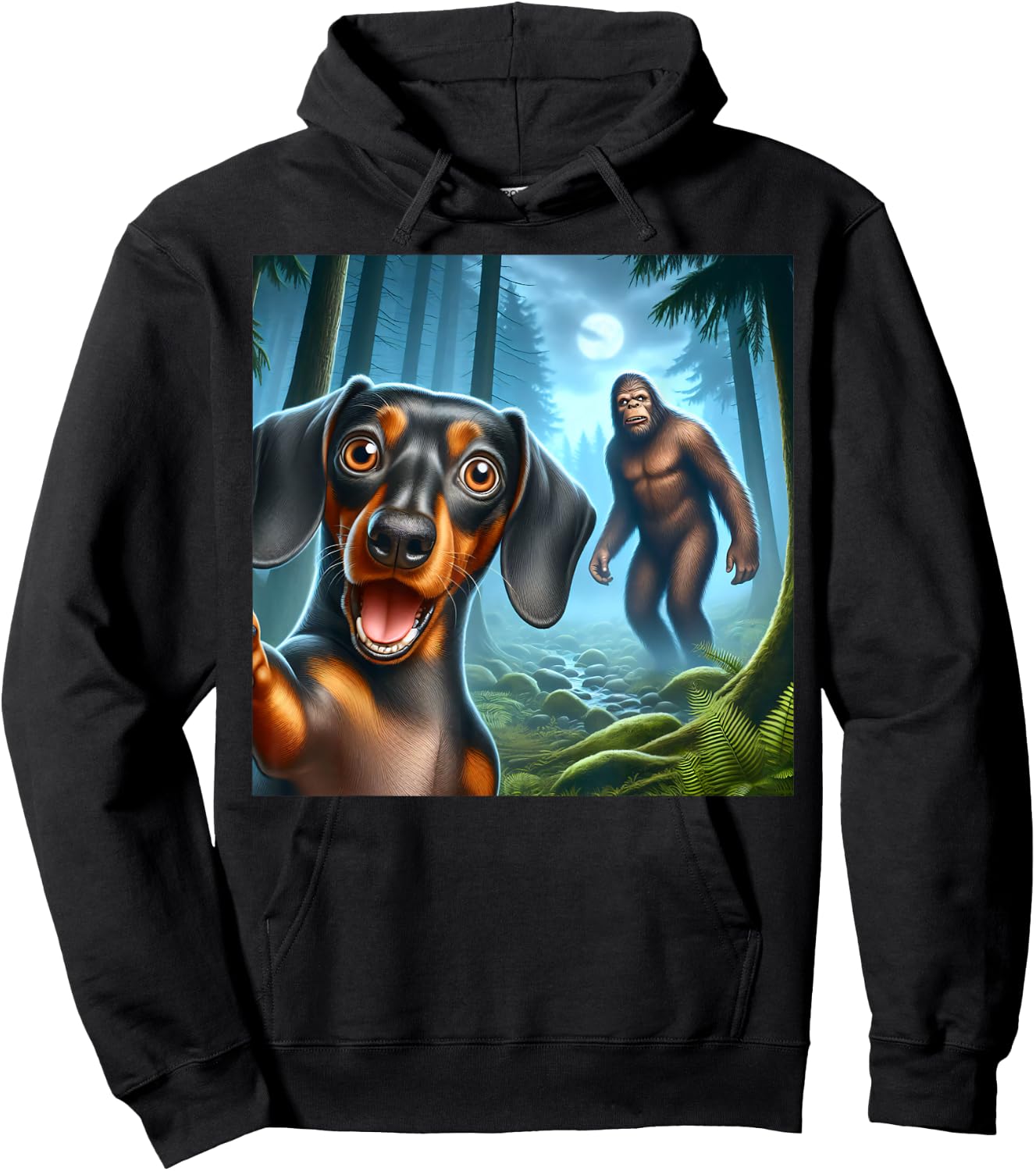 Dachshund Selfie with bigfoot sasquatch Hoodie - Hoodie | Black