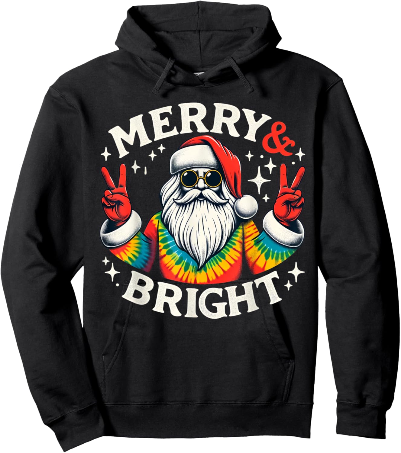 Vintage Retro Merry And Bright Hippie Santa Peace Christmas Hoodie - Hoodie | Black