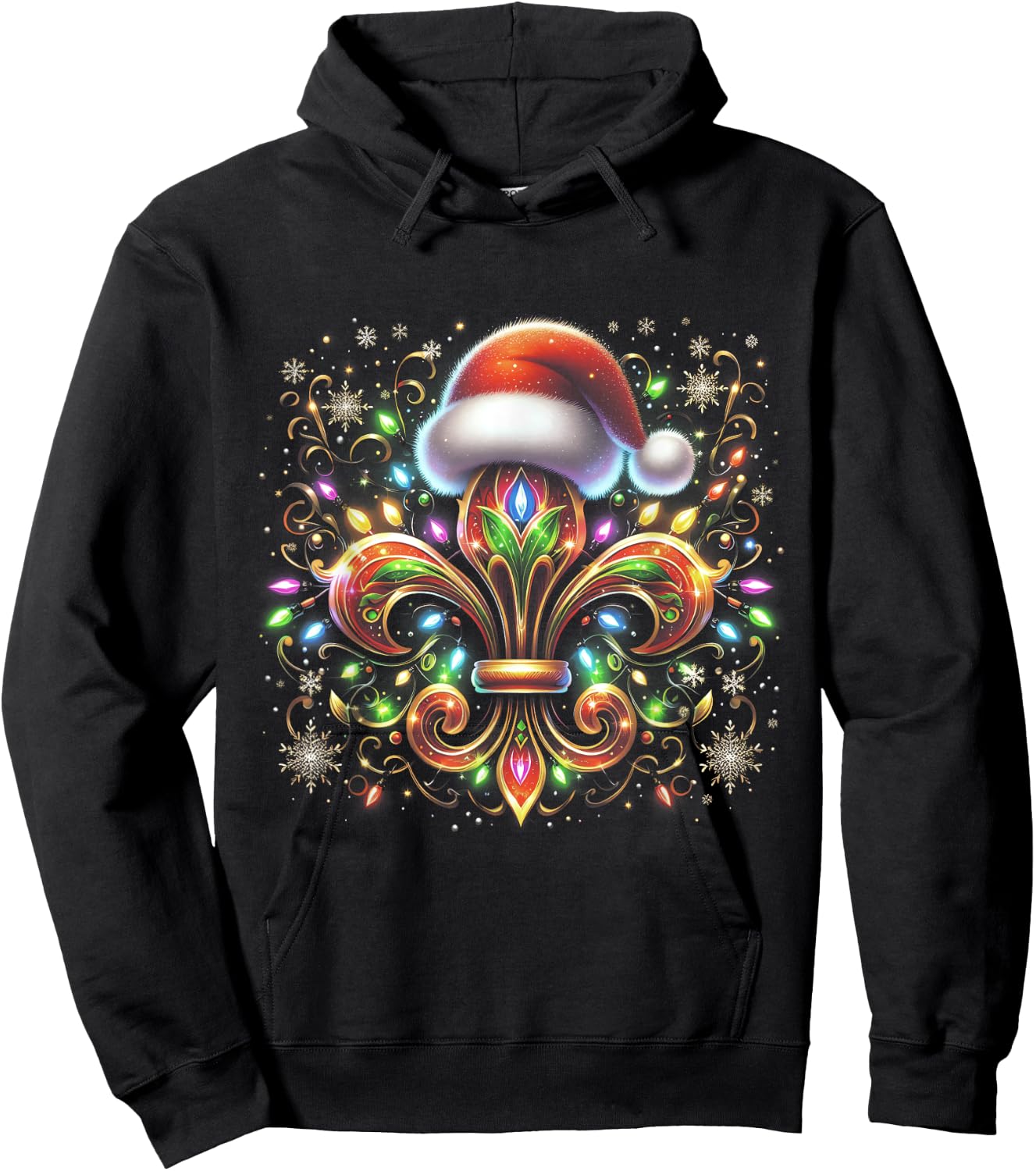 Fleur De-Lis Christmas Ornament with Santa Hat Xmas Lights Hoodie - Hoodie | Black