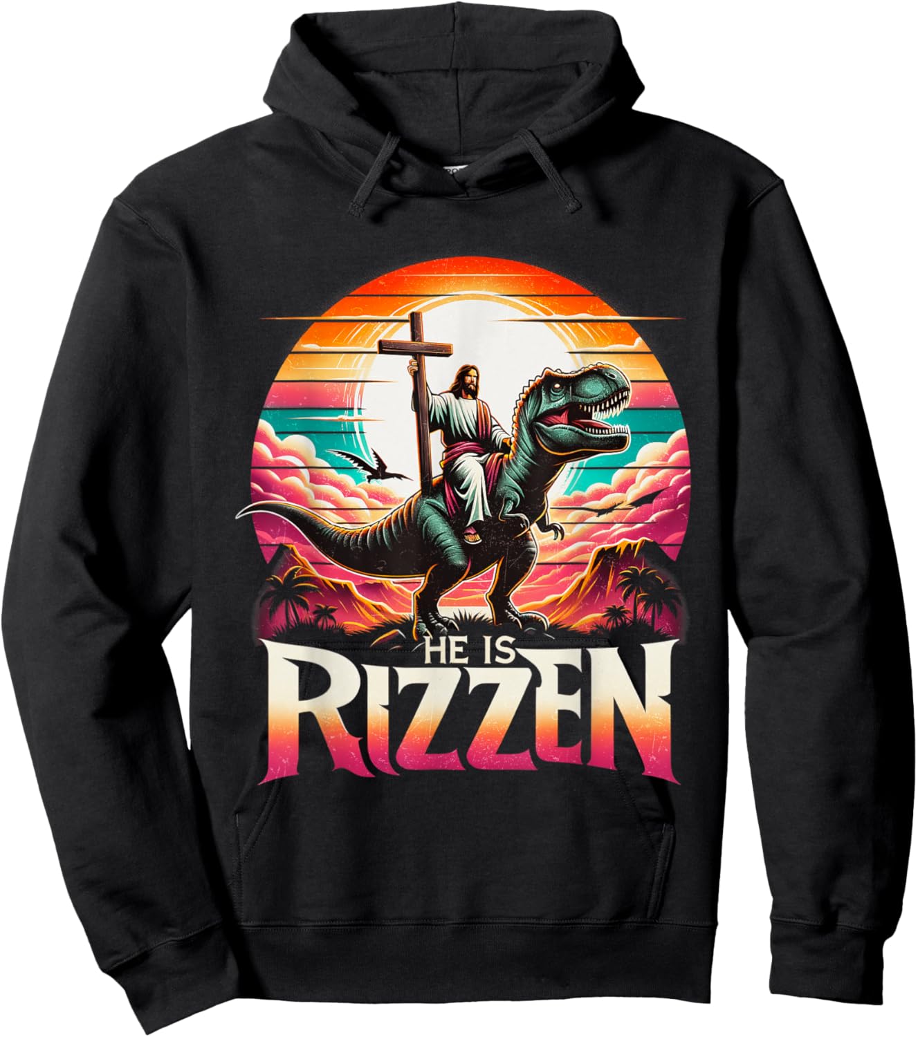 He Is Rizzen Jesus Has Rizzen Retro Christian Dinosaur Hoodie - Hoodie | Black